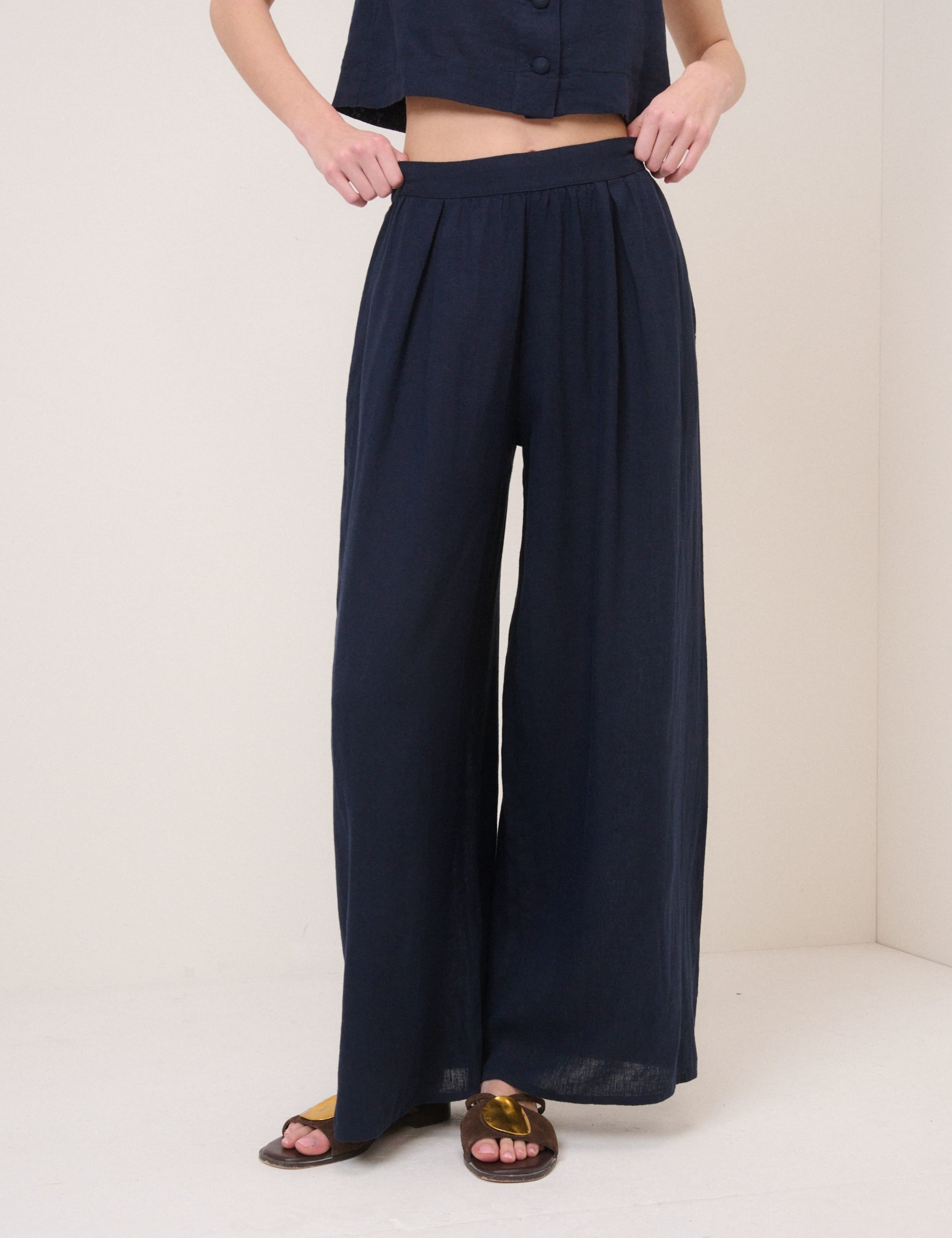 Linen Rich Elasticated Wide Leg Trousers 1 of 5