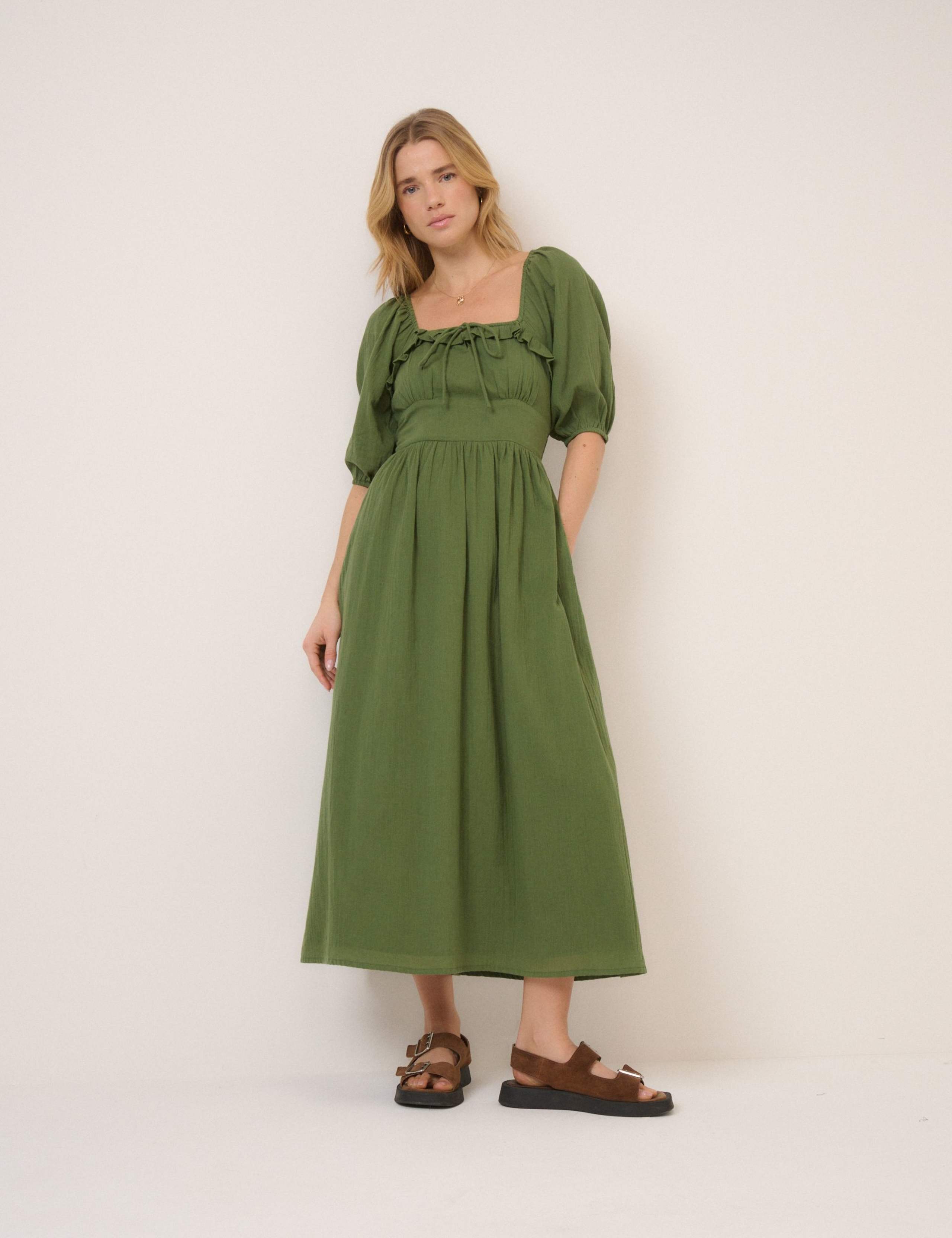 Pure Cotton Square Neck Midi Waisted Dress 1 of 5