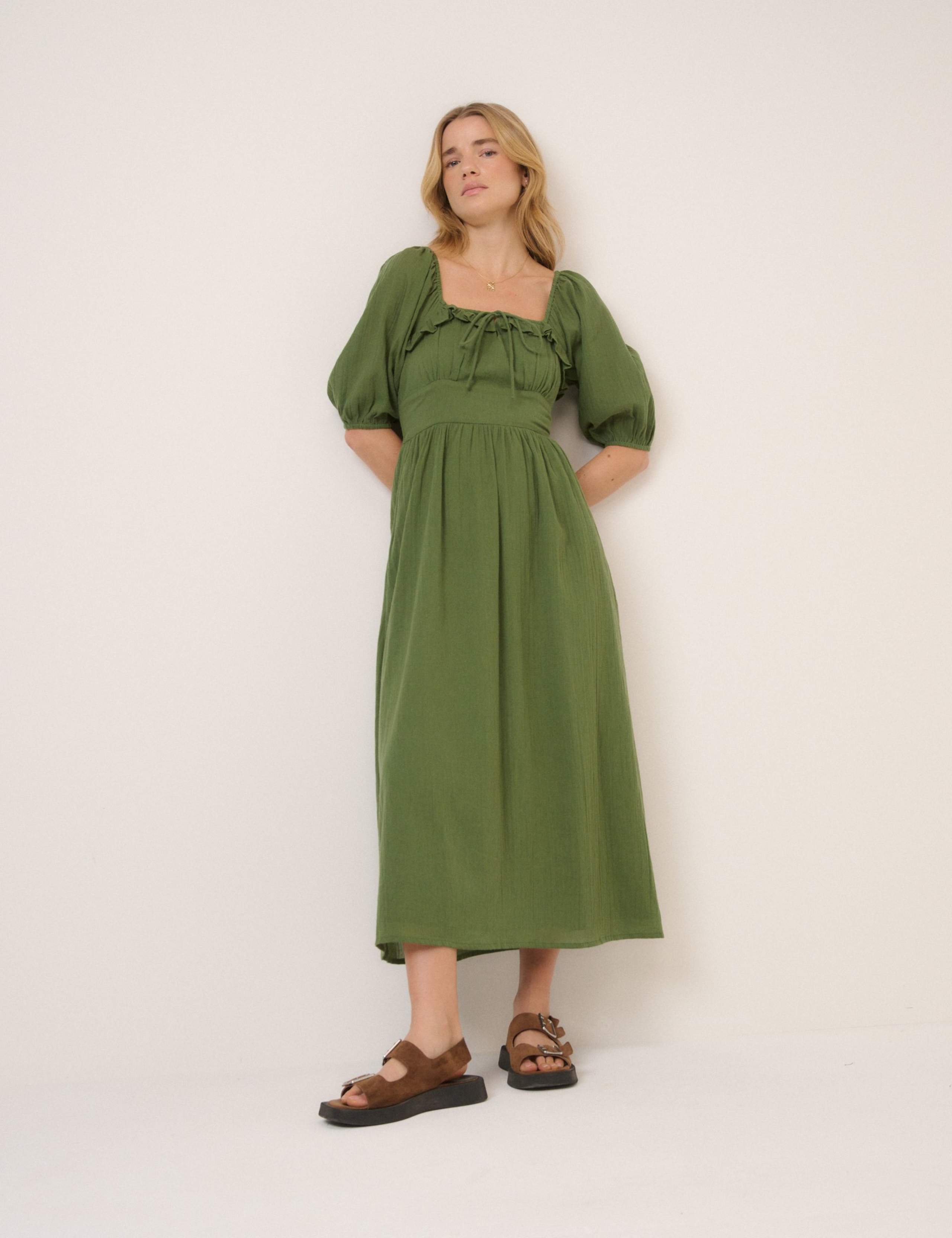 Pure Cotton Square Neck Midi Waisted Dress 2 of 5