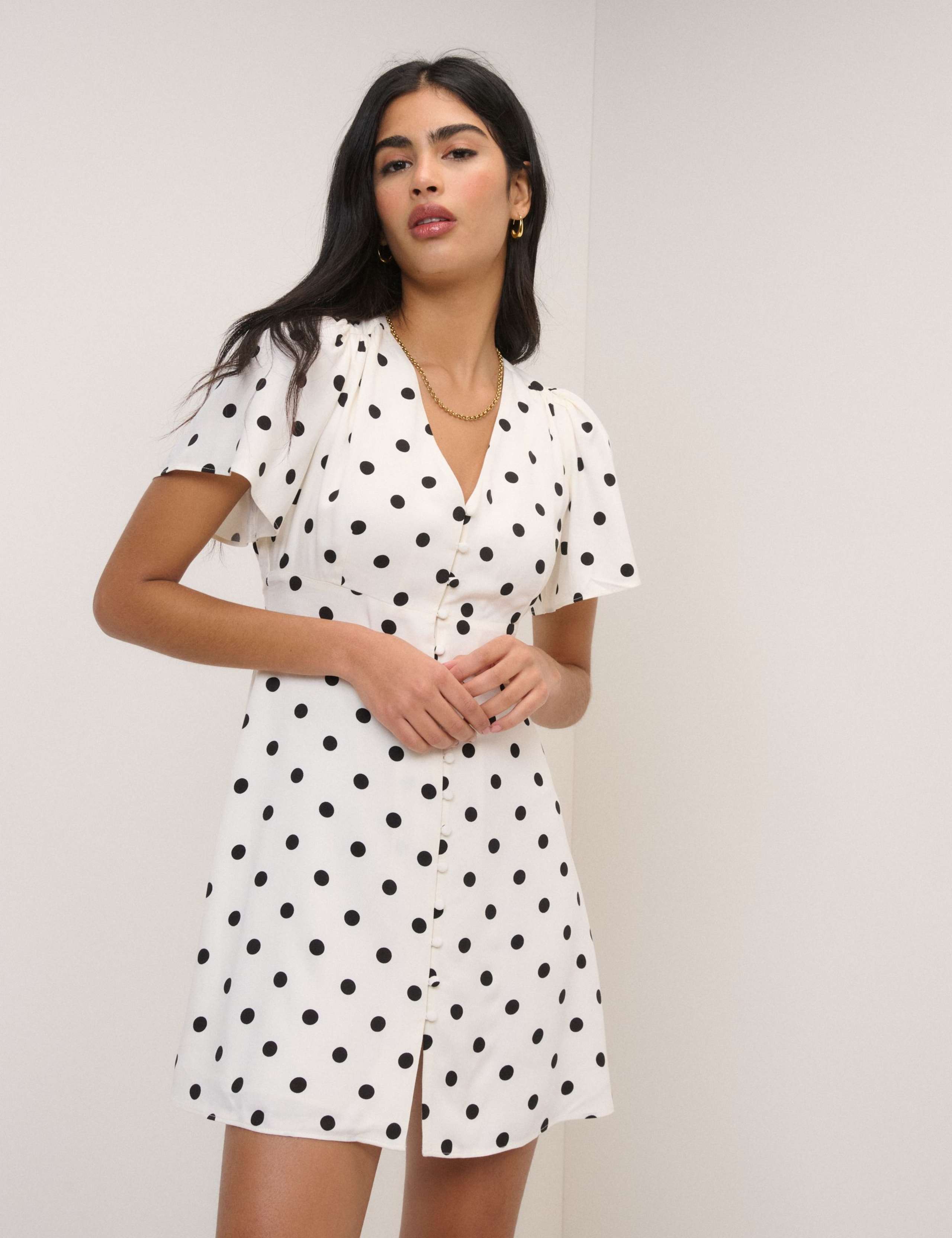 Polka Dot V-Neck Tie Detail Mini Tea Dress 1 of 5