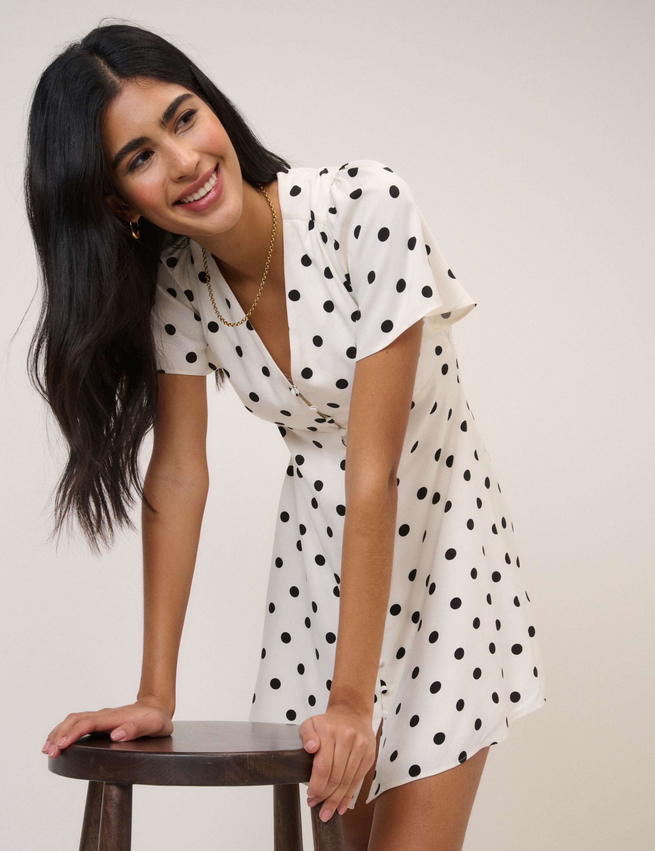 Polka Dot V-Neck Tie Detail Mini Tea Dress 2 of 5