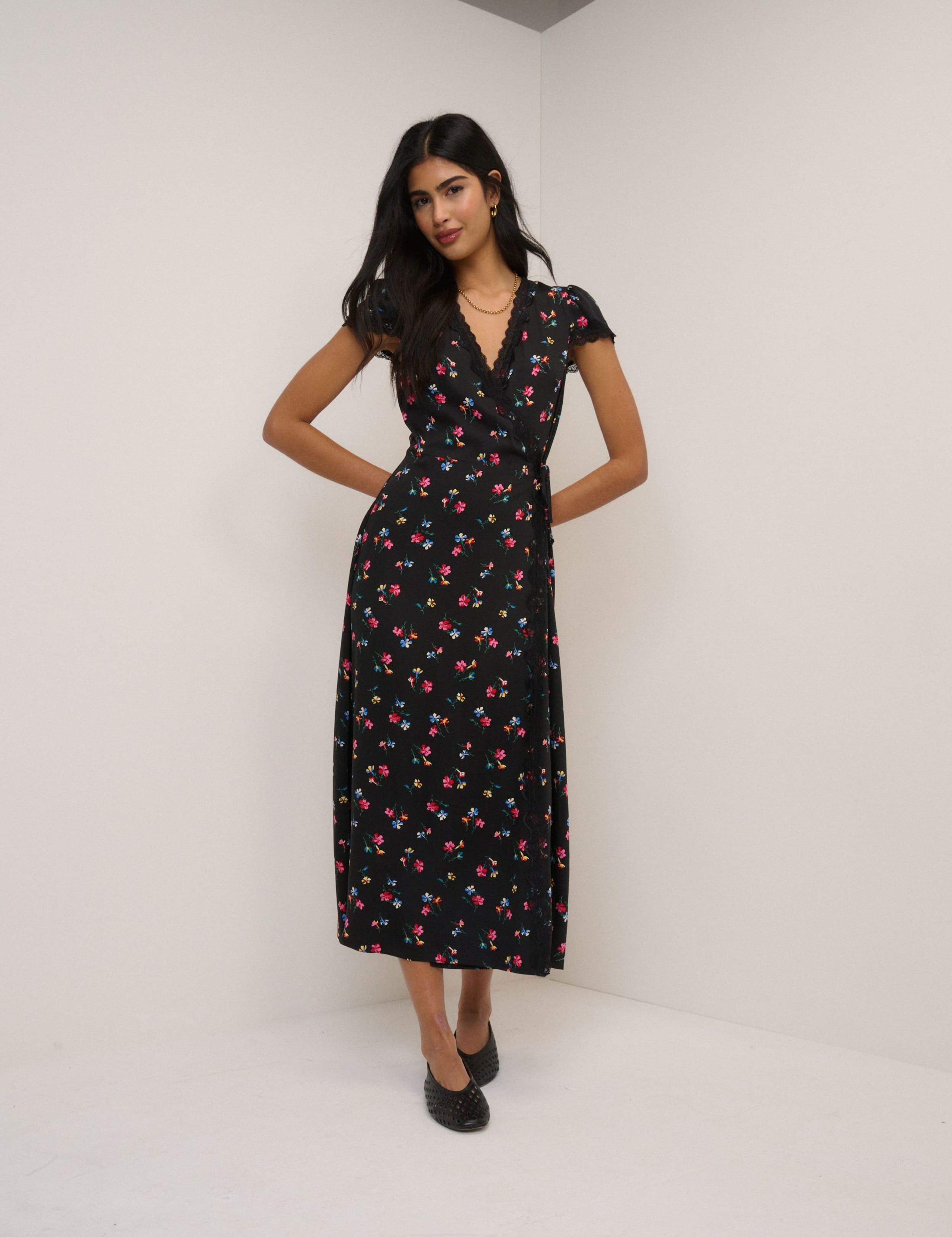 Floral V-Neck Lace Trim Midi Wrap Dress 1 of 5