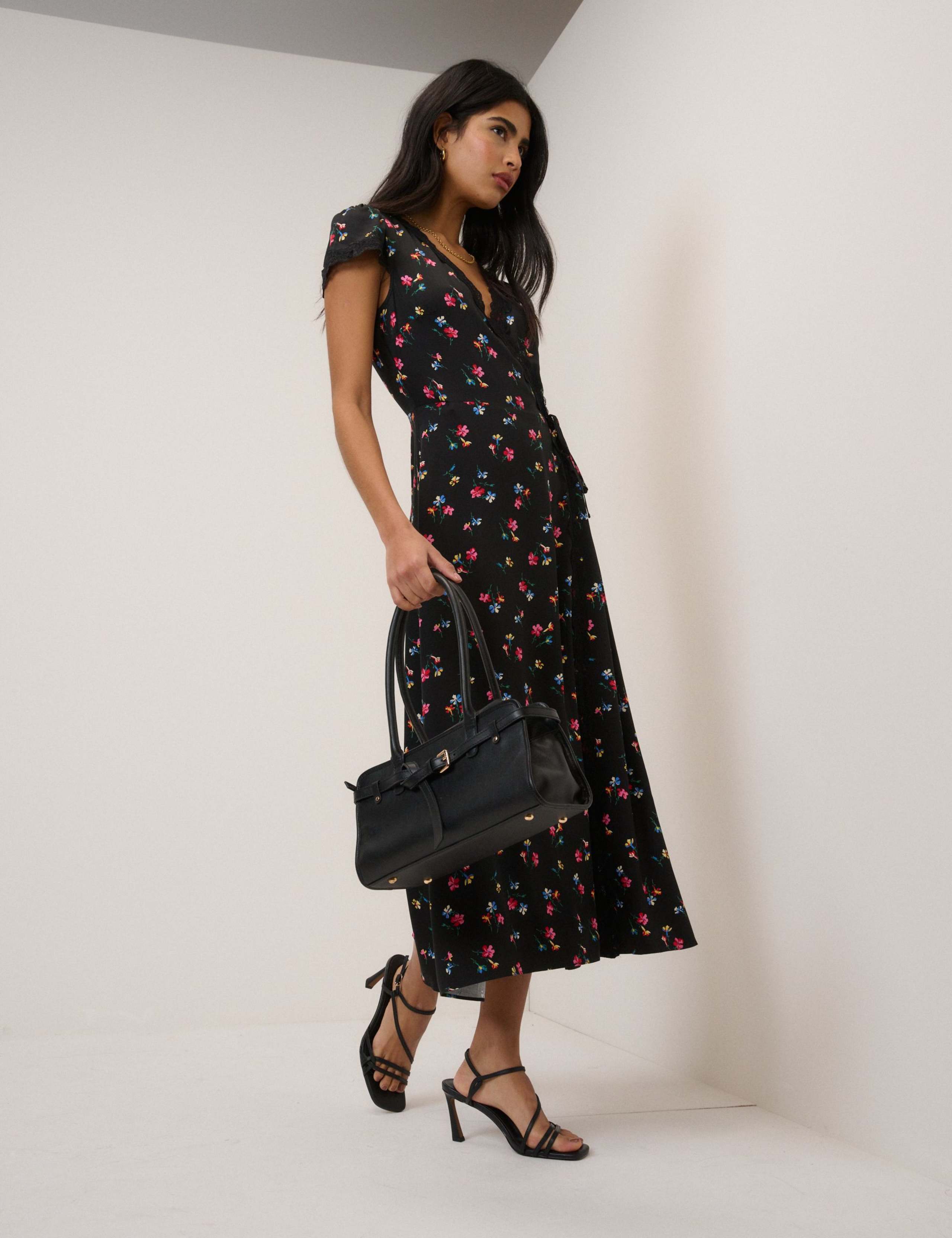 Floral V-Neck Lace Trim Midi Wrap Dress 2 of 5
