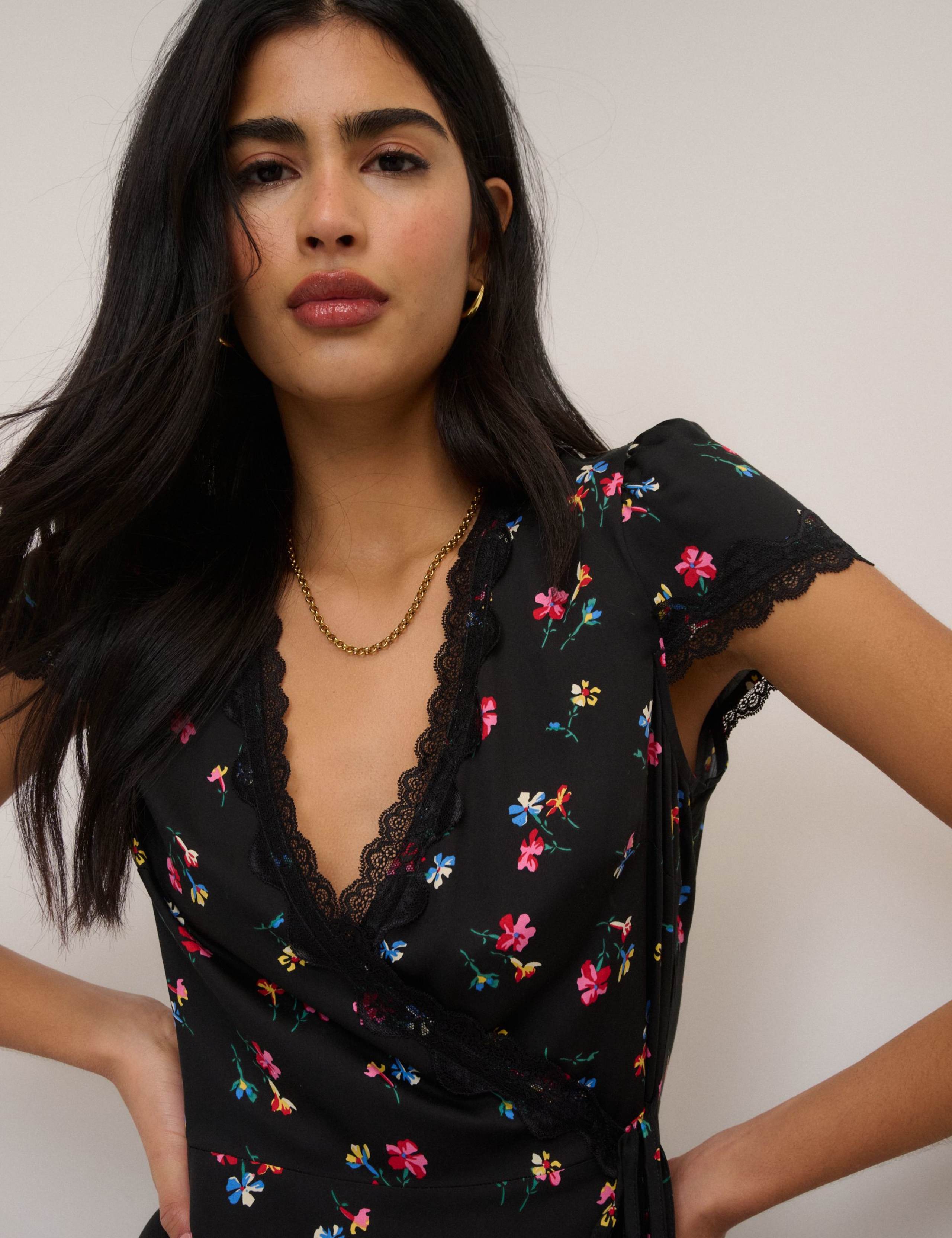 Floral V-Neck Lace Trim Midi Wrap Dress 4 of 5