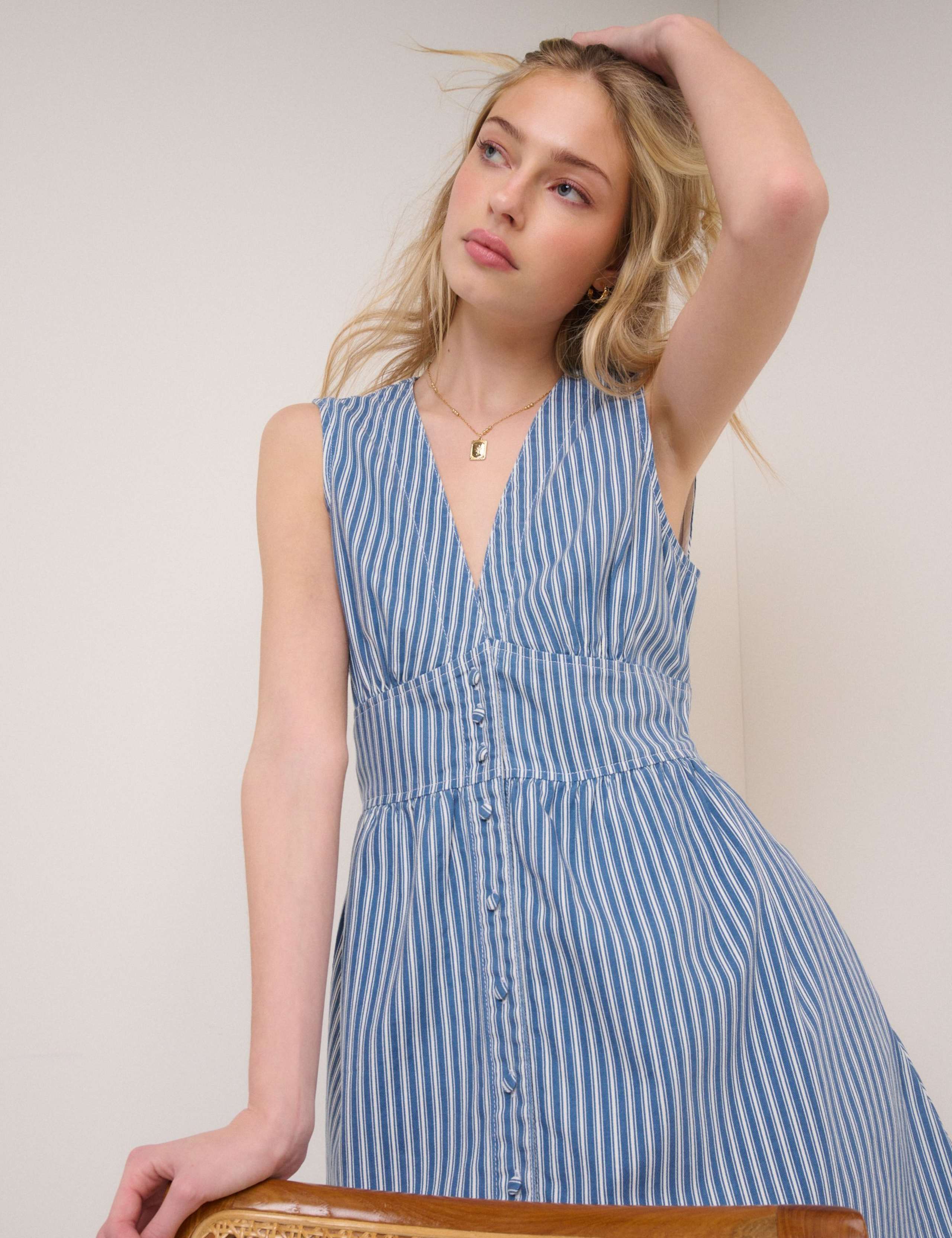 Denim Striped V-Neck Mini Skater Dress 2 of 5