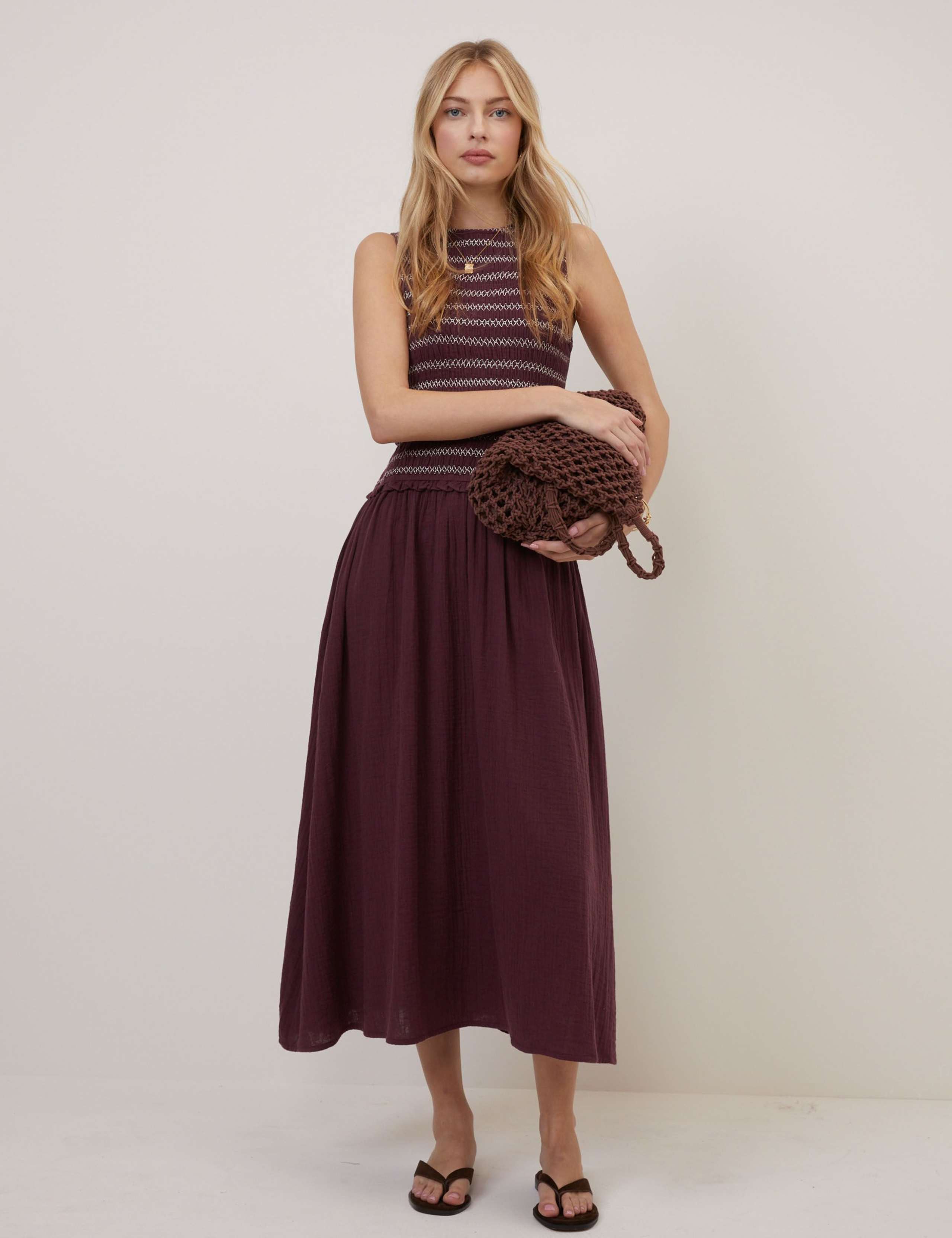 Pure Cotton Shirred Dropped Waist Midi Dress 1 of 6