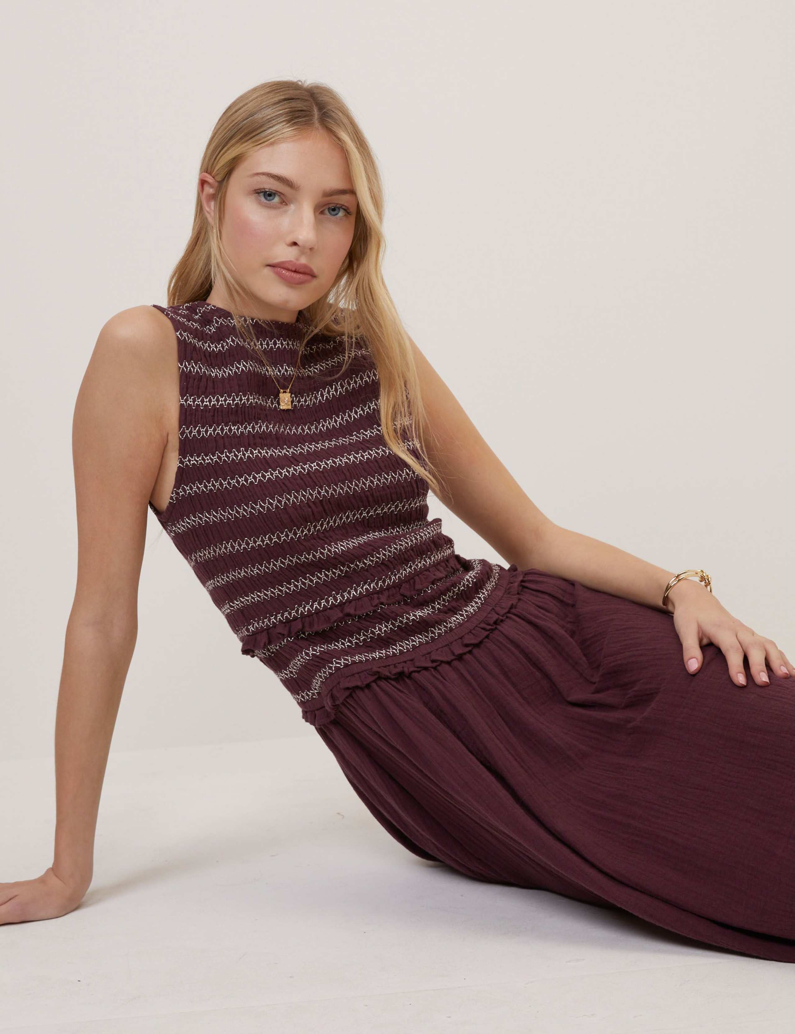 Pure Cotton Shirred Dropped Waist Midi Dress 4 of 6