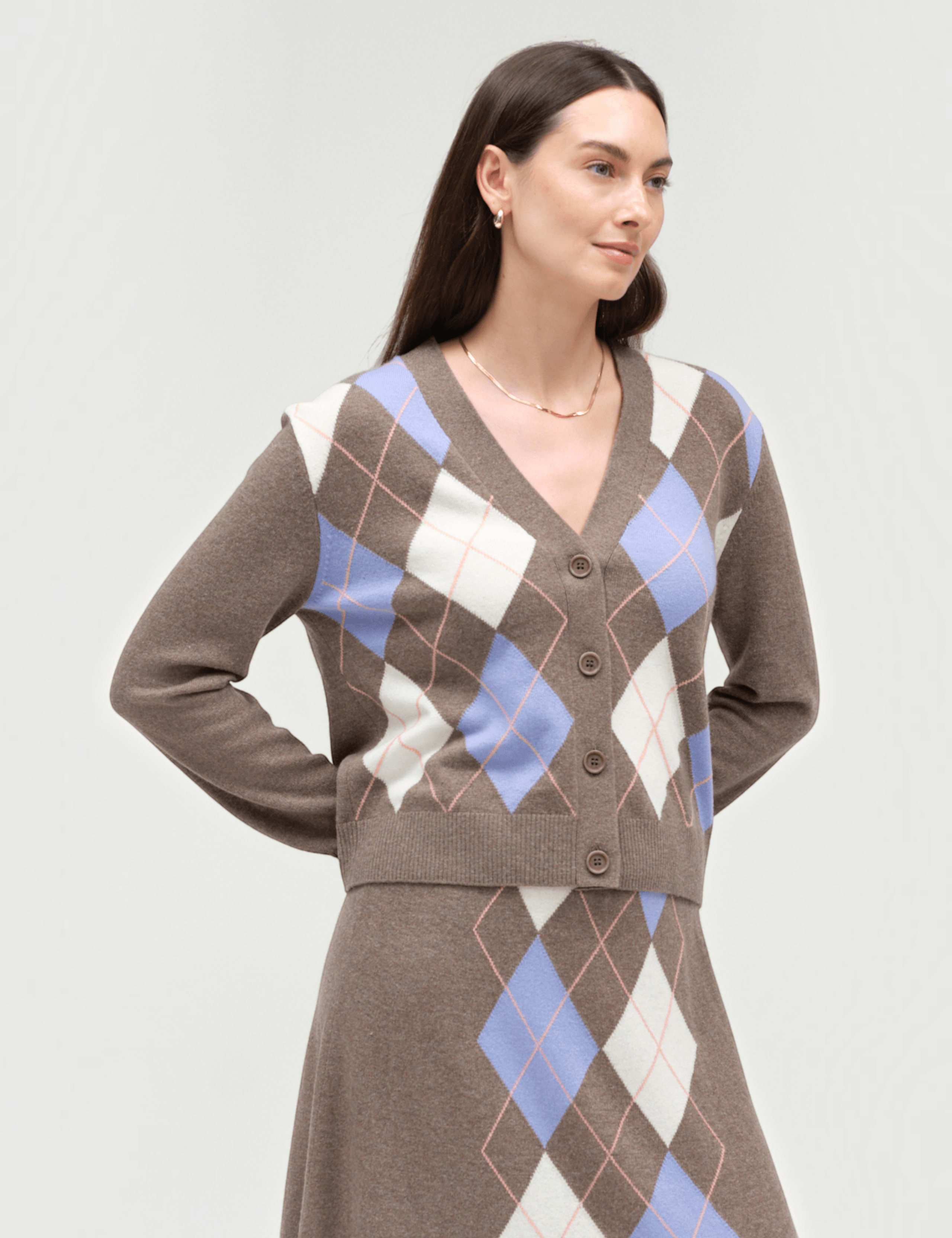 Wool Rich Jacquard V Neck Cardigan with Cashmere 1 of 4