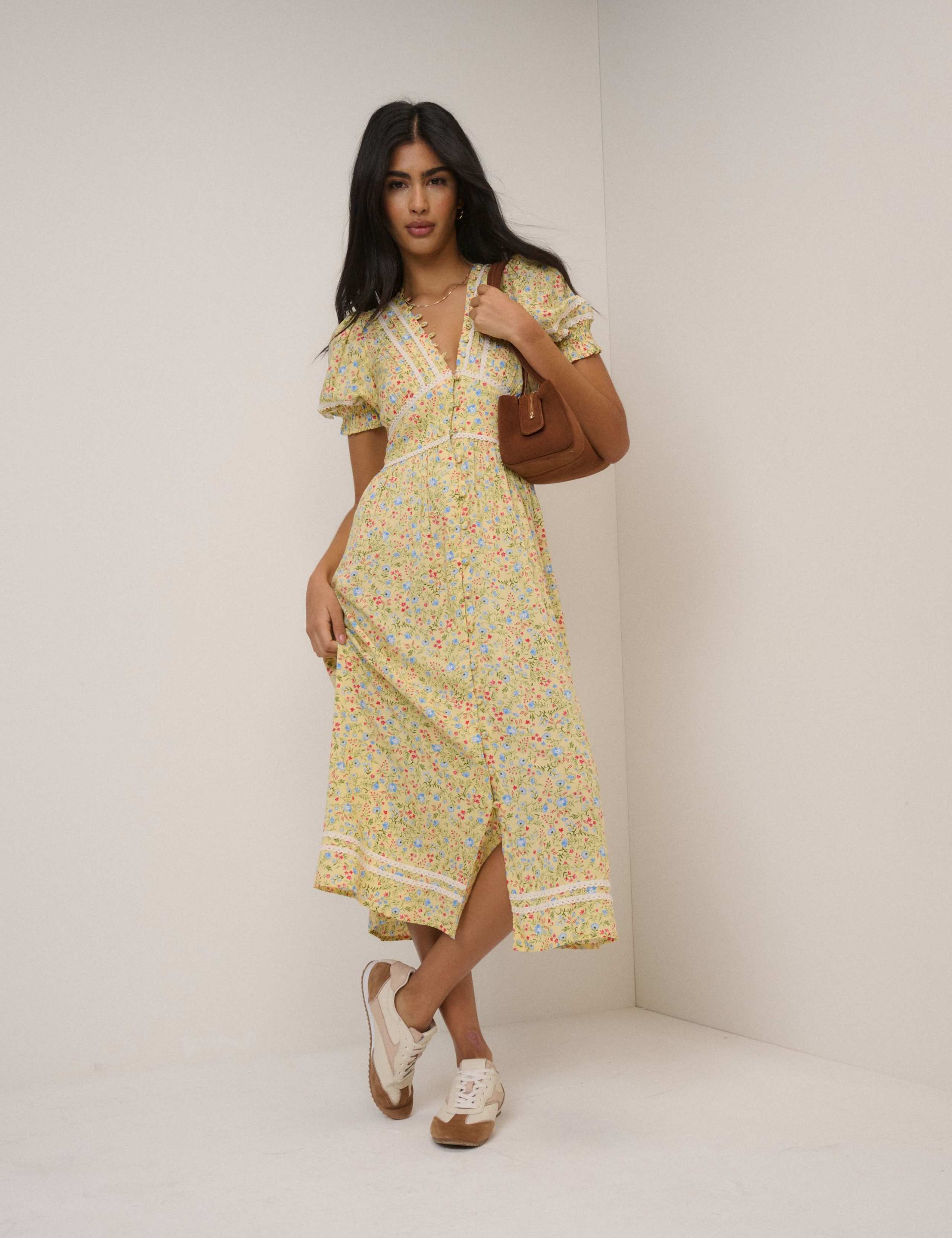 Patterned V-Neck Midi Waisted Dress 4 of 5