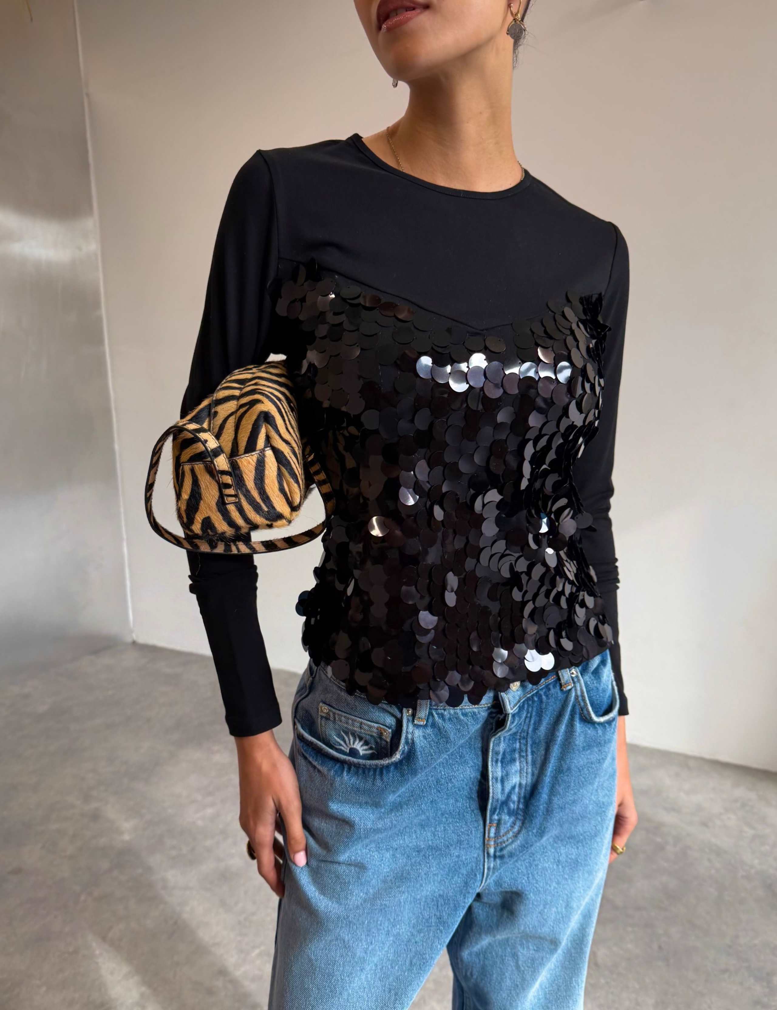 Cotton Rich Sequin Crew Neck Fitted T-Shirt 2 of 4