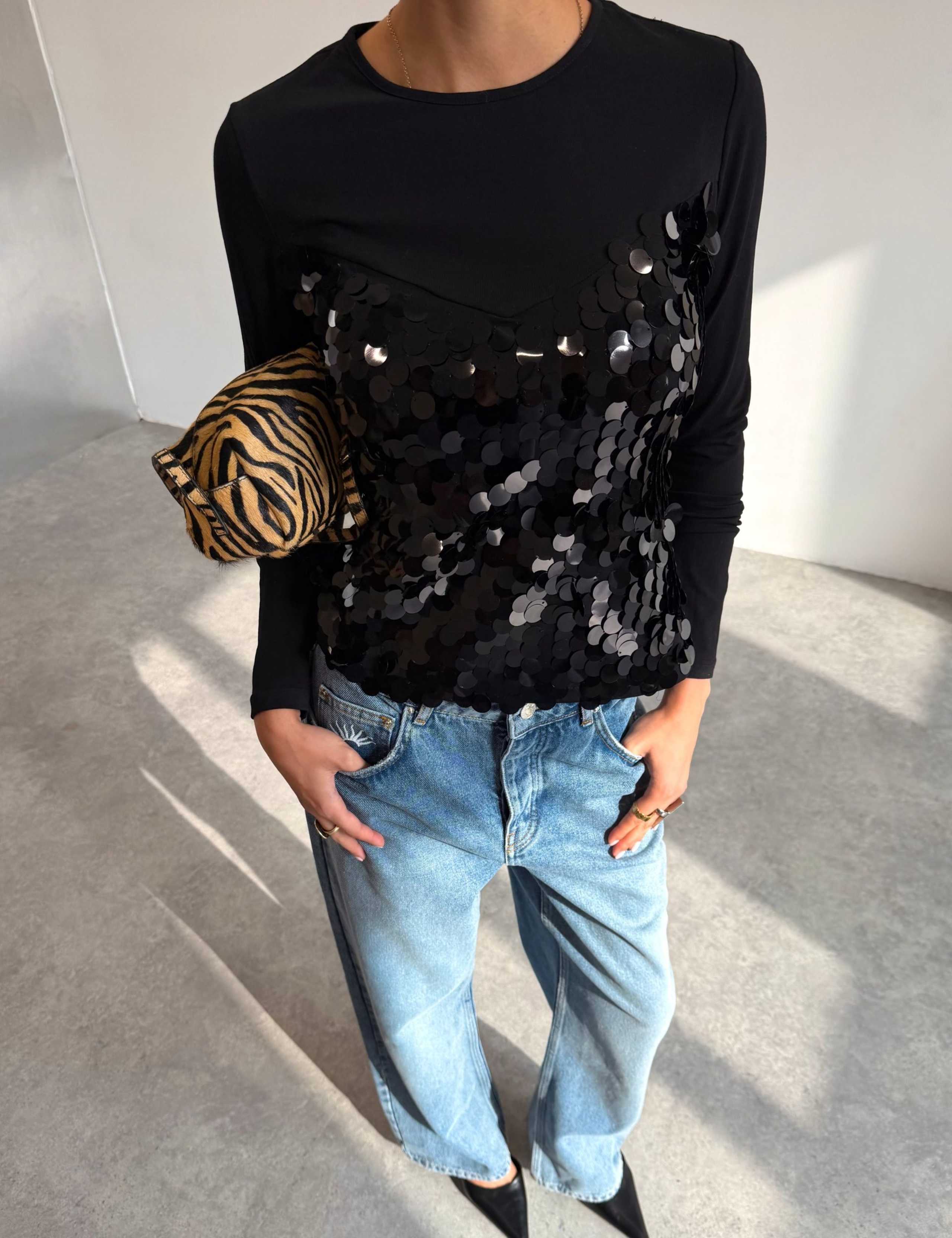 Cotton Rich Sequin Crew Neck Fitted T-Shirt 3 of 4