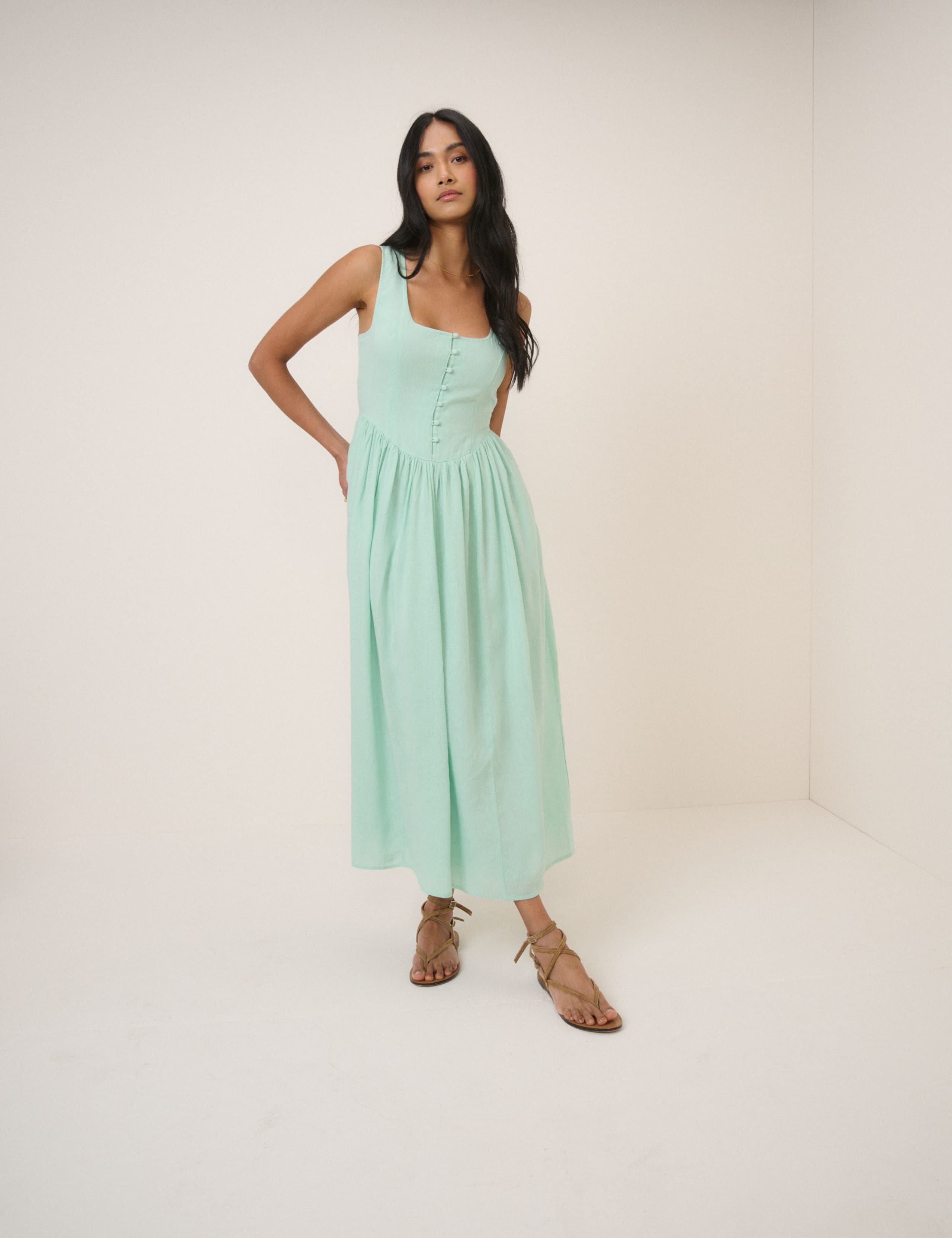 Lyocell Rich Midi Skater Dress with Linen 1 of 5