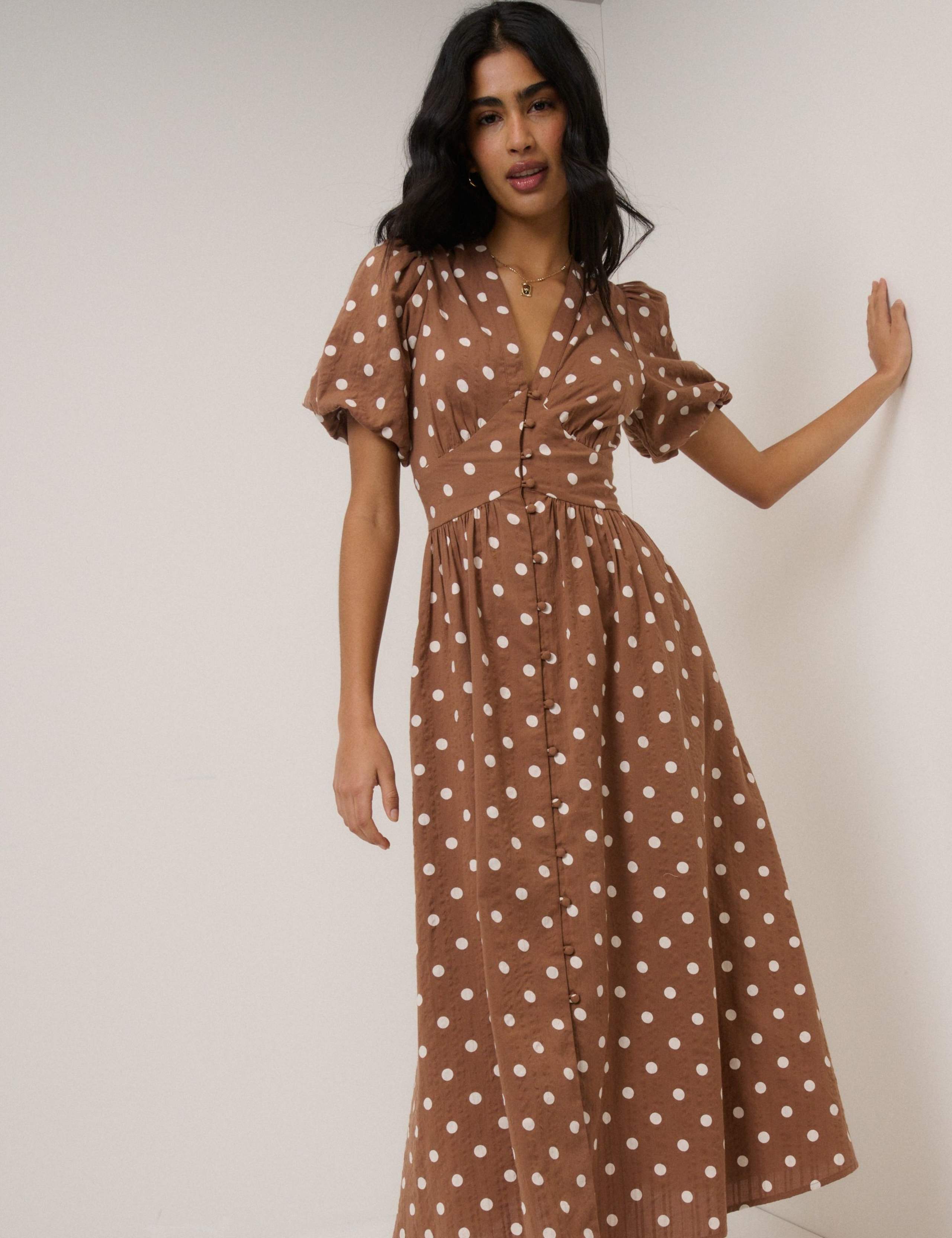 Pure Cotton Polka Dot V-Neck Waisted Dress 1 of 5