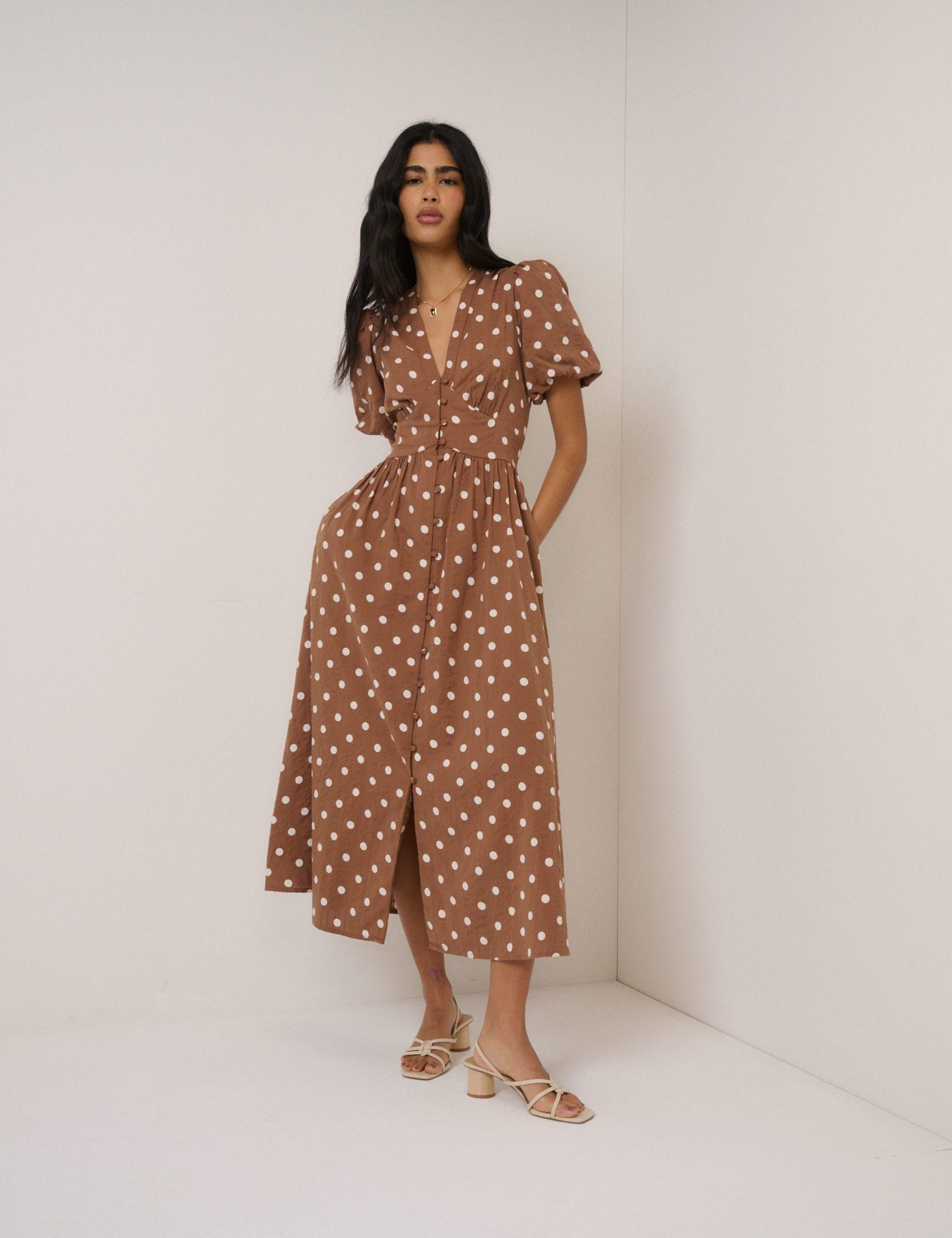 Pure Cotton Polka Dot V-Neck Waisted Dress 2 of 5