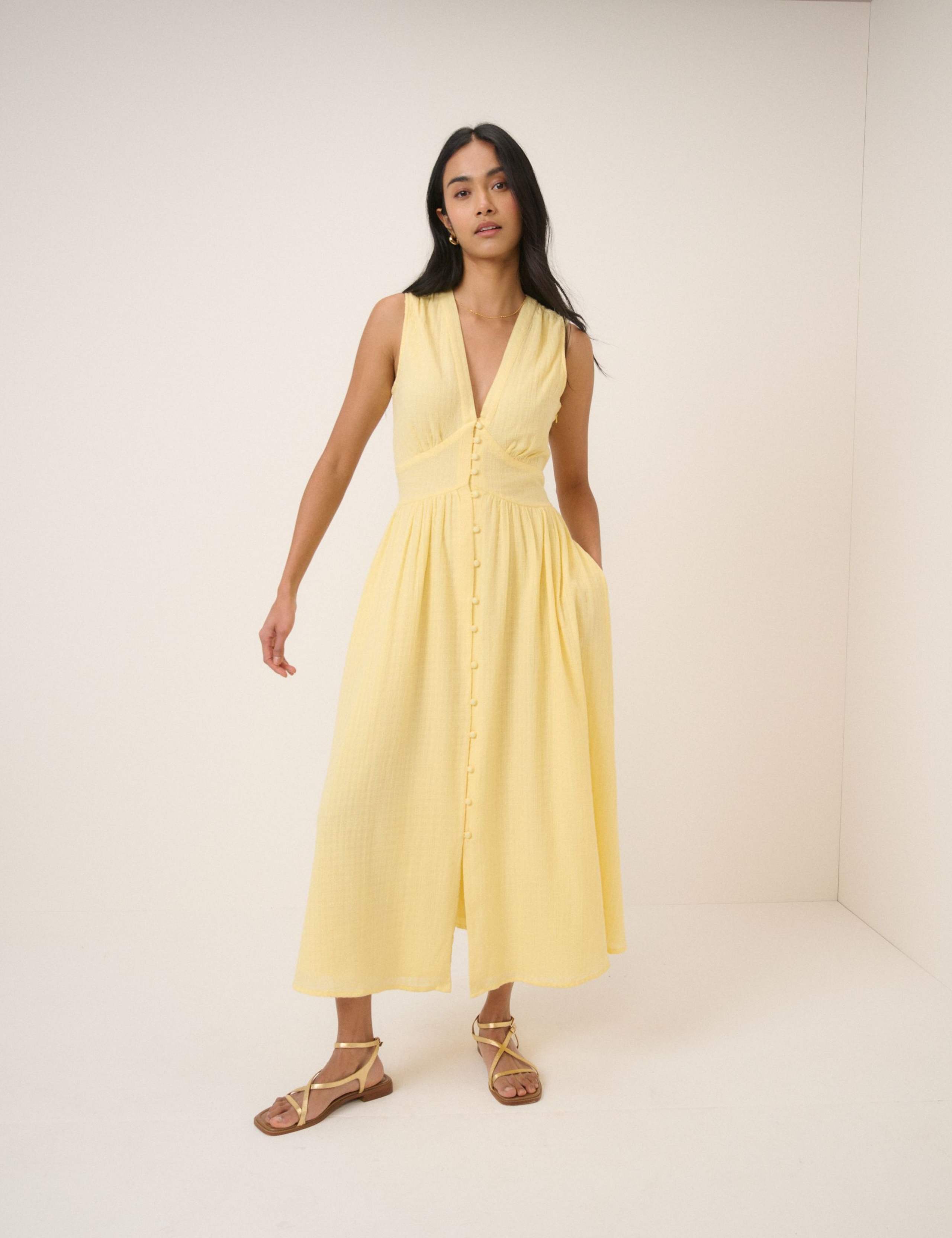 Pure Cotton V-Neck Midi Waisted Dress 1 of 5