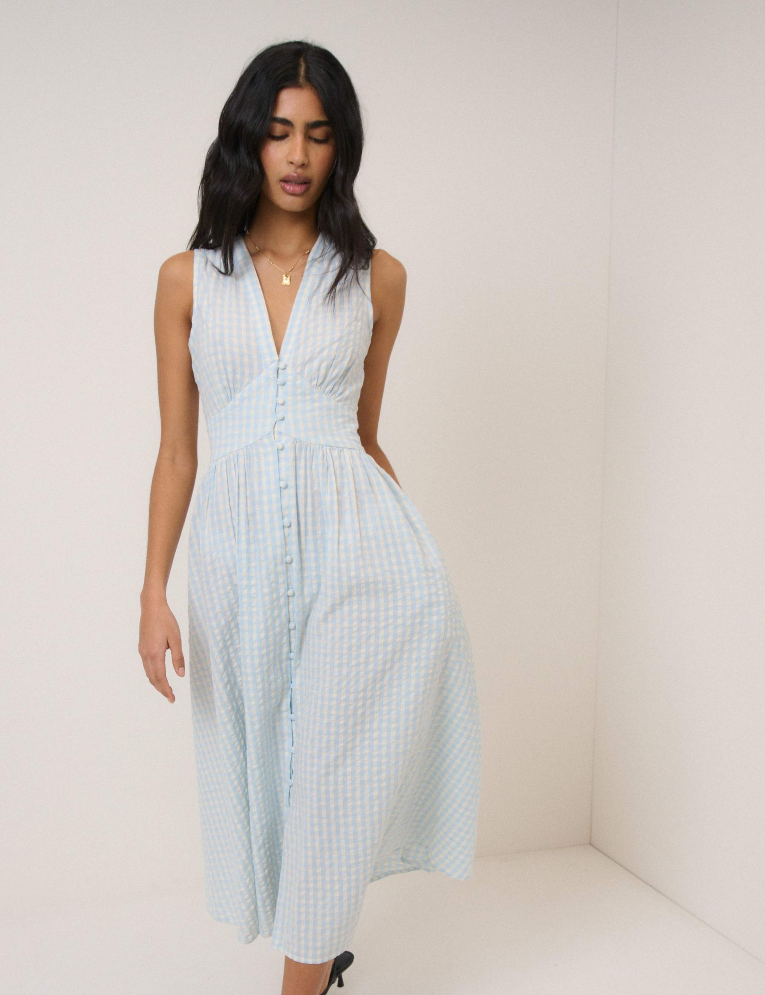Pure Cotton Checked V-Neck Midi Waisted Dress 1 of 5