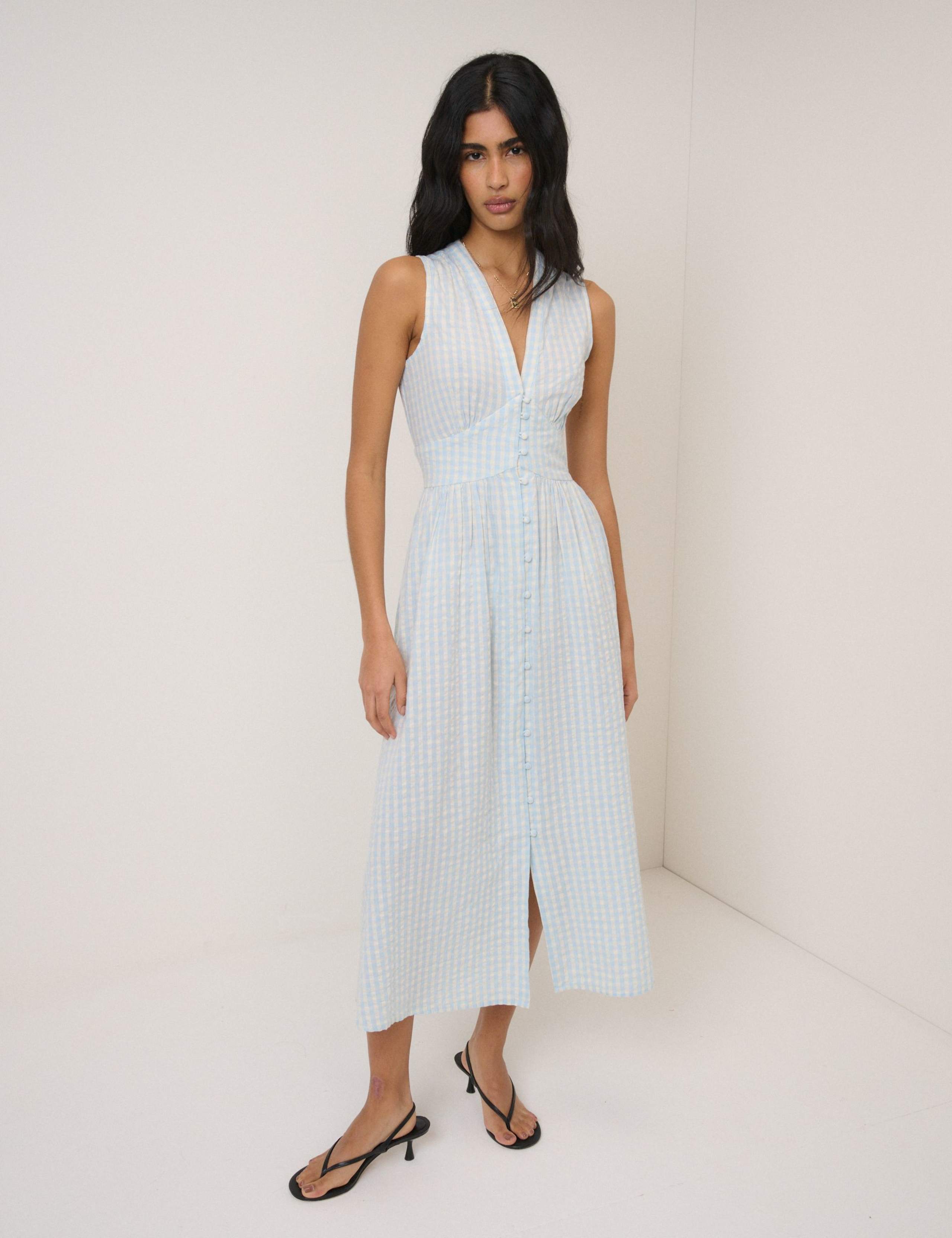 Pure Cotton Checked V-Neck Midi Waisted Dress 2 of 5