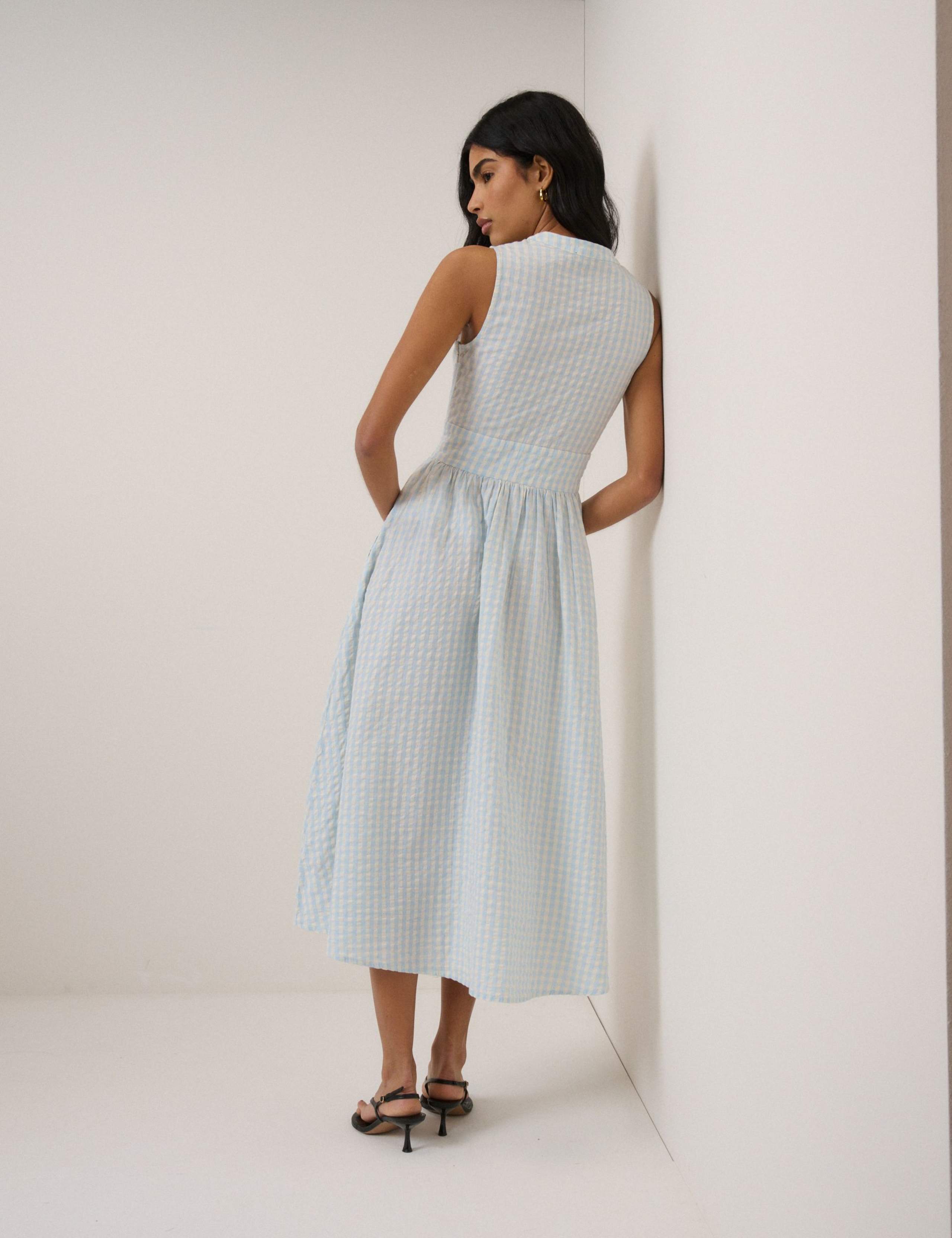 Pure Cotton Checked V-Neck Midi Waisted Dress 5 of 5