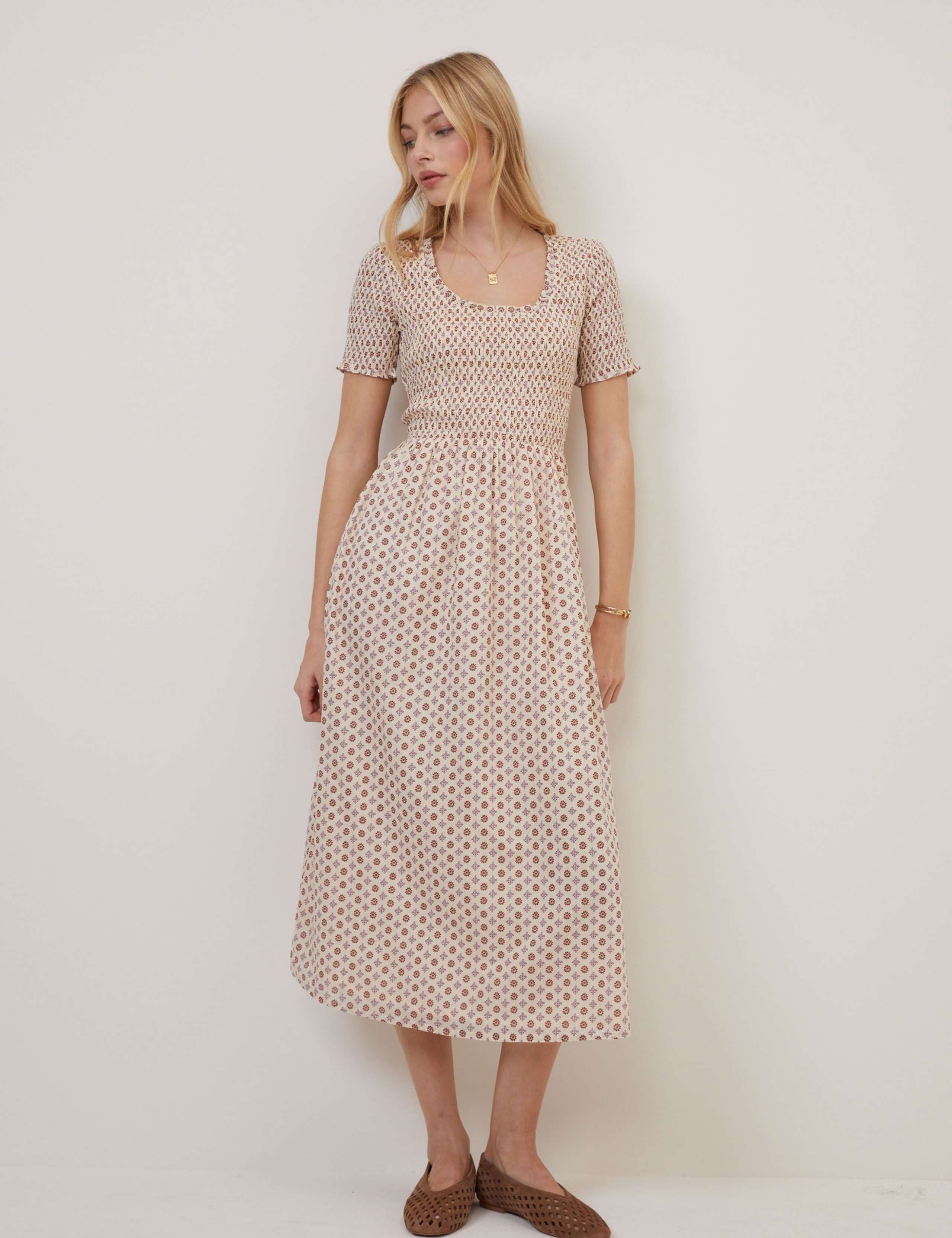 Pure Cotton Geometric Midi Waisted Dress 2 of 5