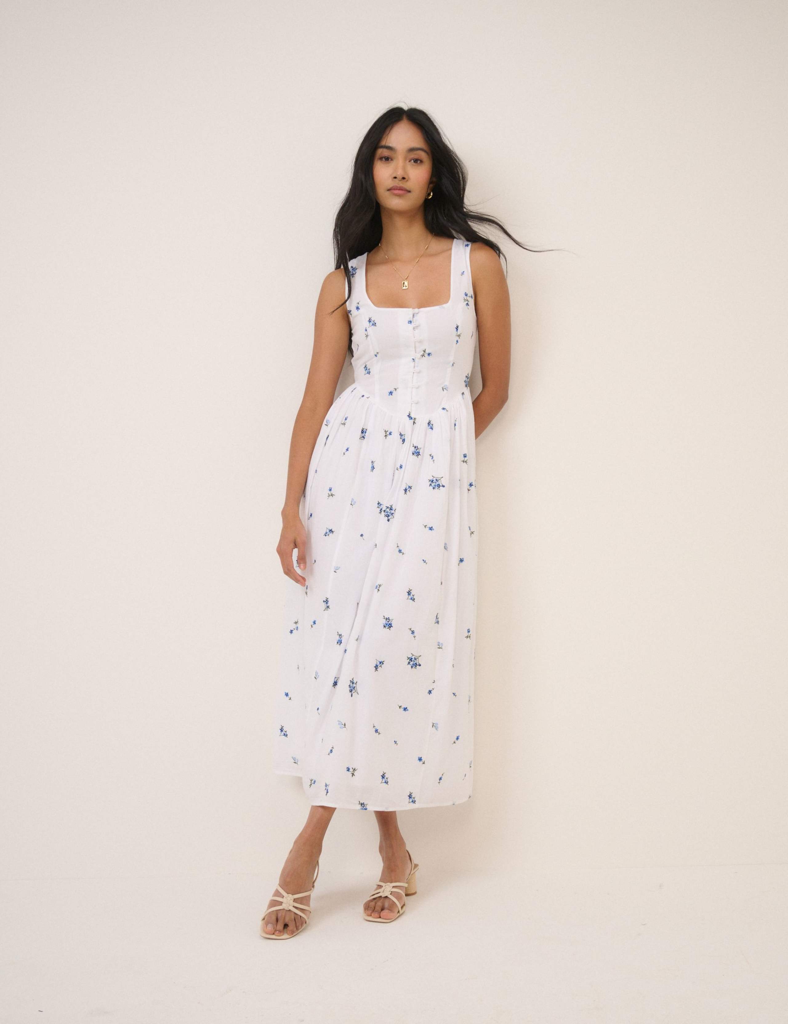 Embroidered Square Neck Midi Waisted Dress 1 of 5