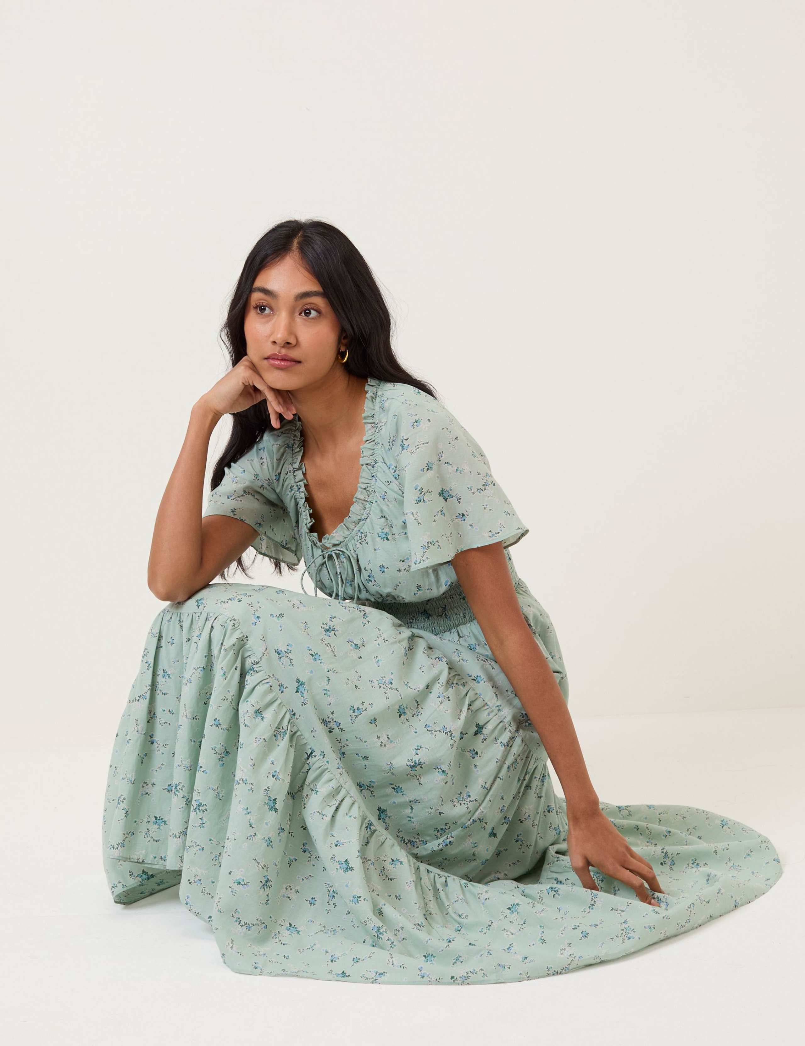 Cotton Rich Floral Scoop Neck Midi Smock Dress 2 of 5