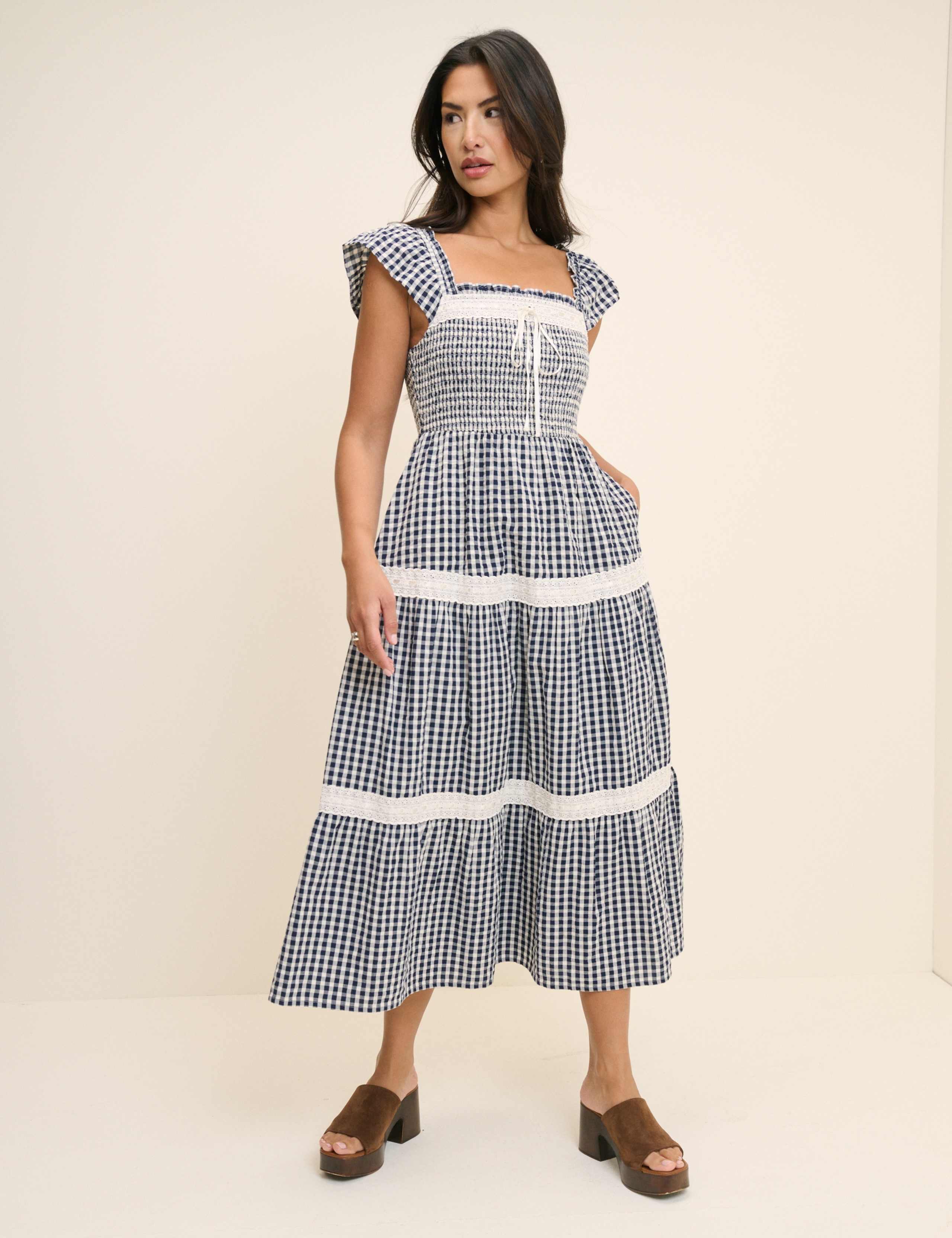 Pure Cotton Checked Square Neck Smock Dress 3 of 6