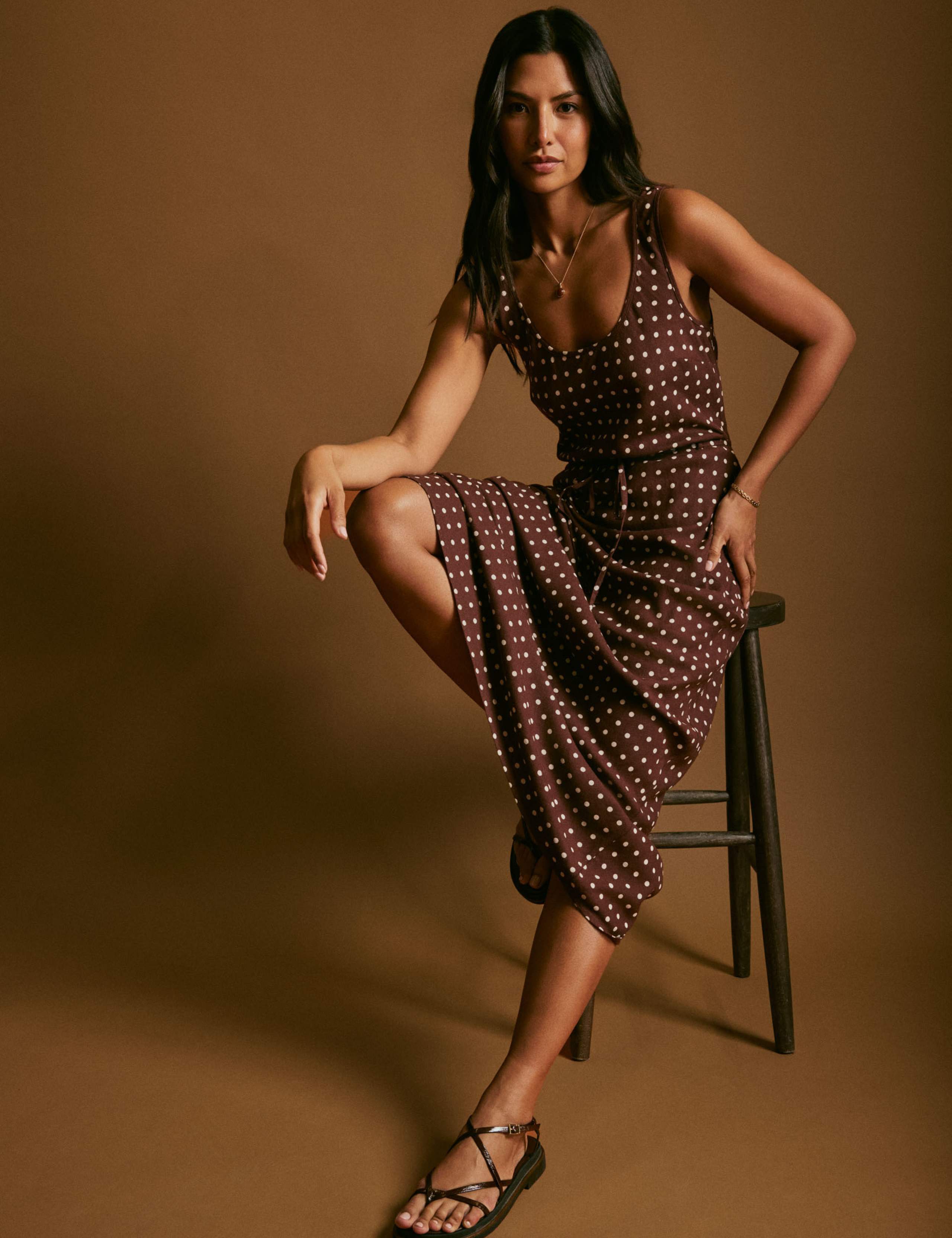 Linen Rich Polka Dot Scoop Neck Slip Dress 2 of 5
