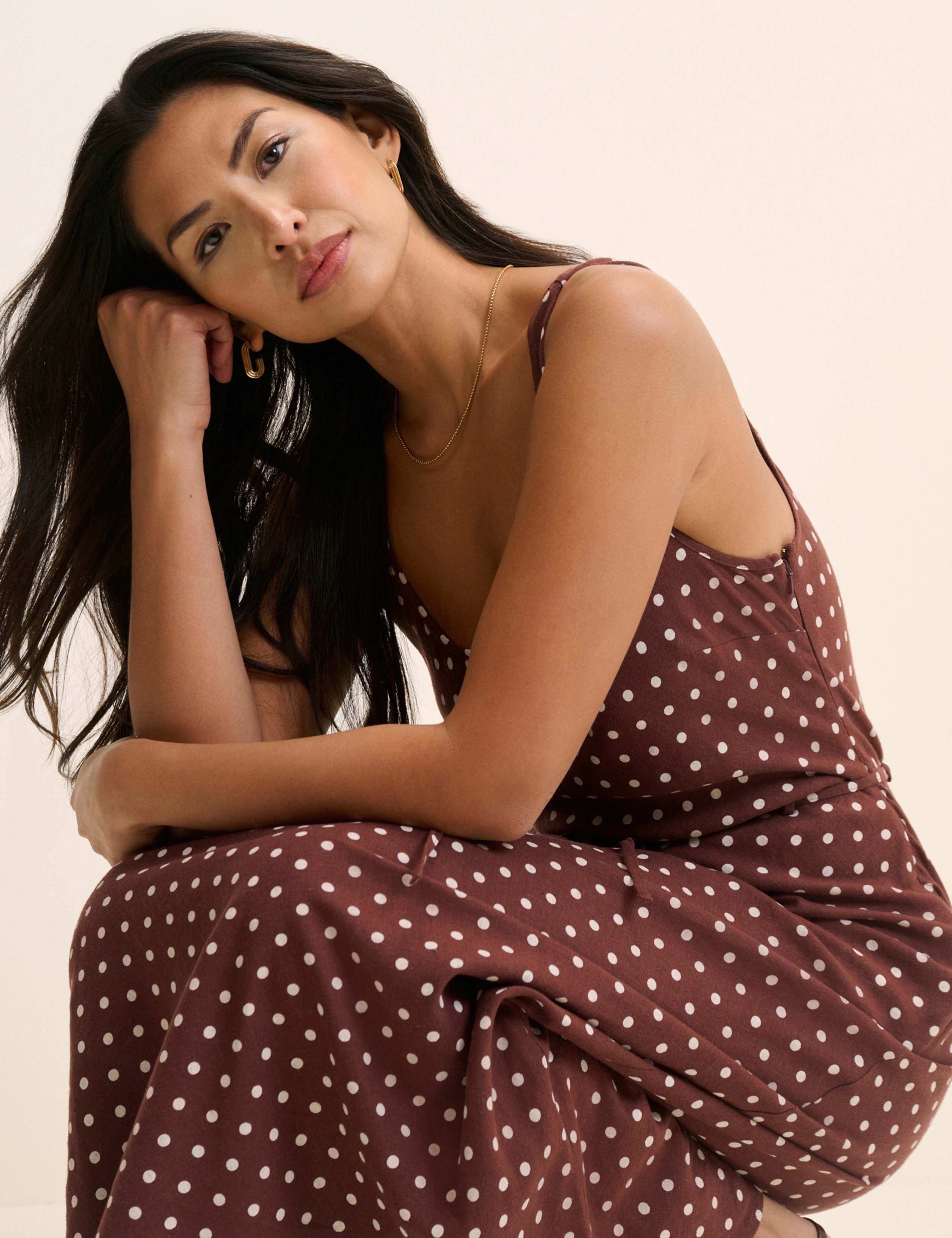 Linen Rich Polka Dot Scoop Neck Slip Dress 6 of 8