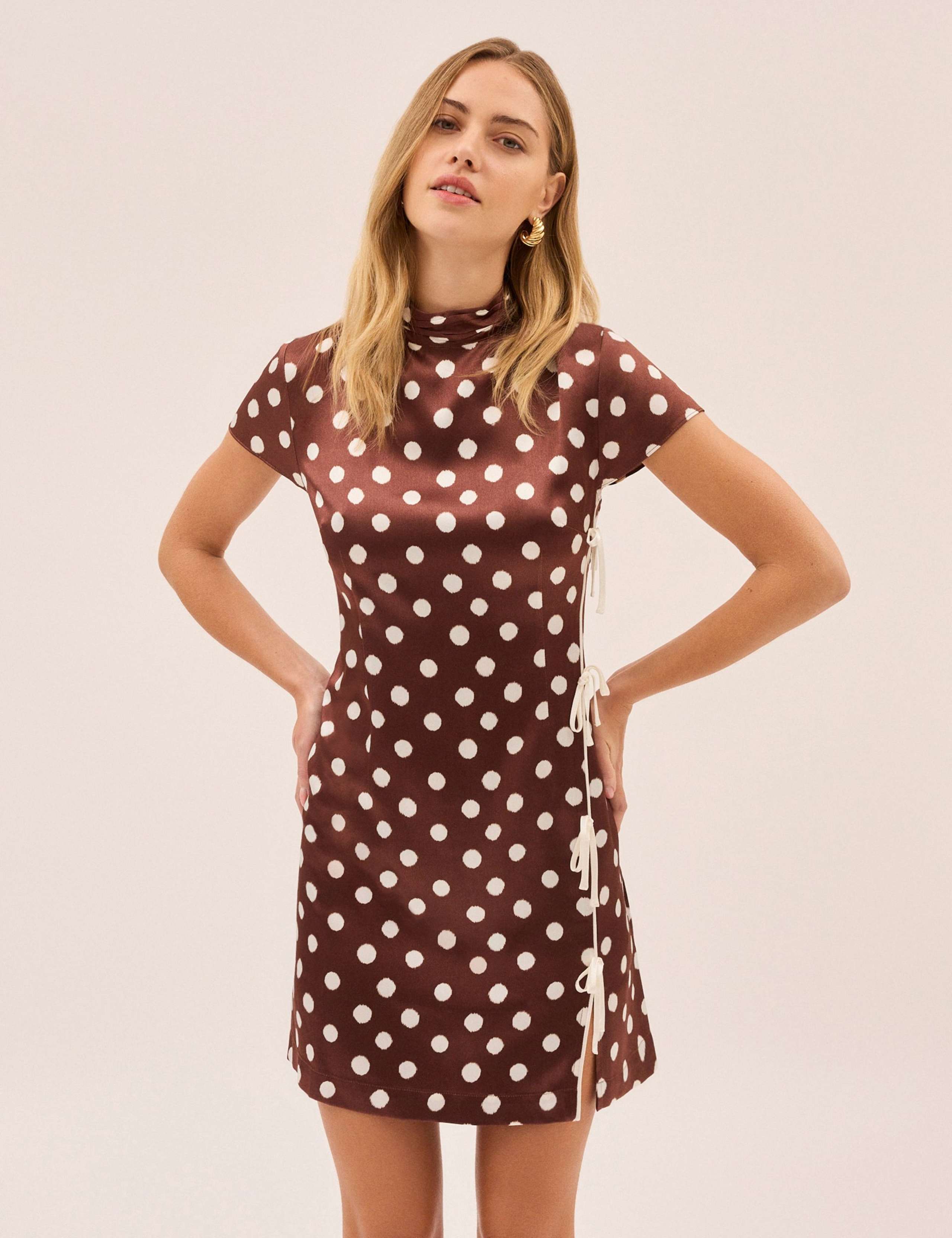 Polka Dot High Neck Mini Bodycon Dress 1 of 4