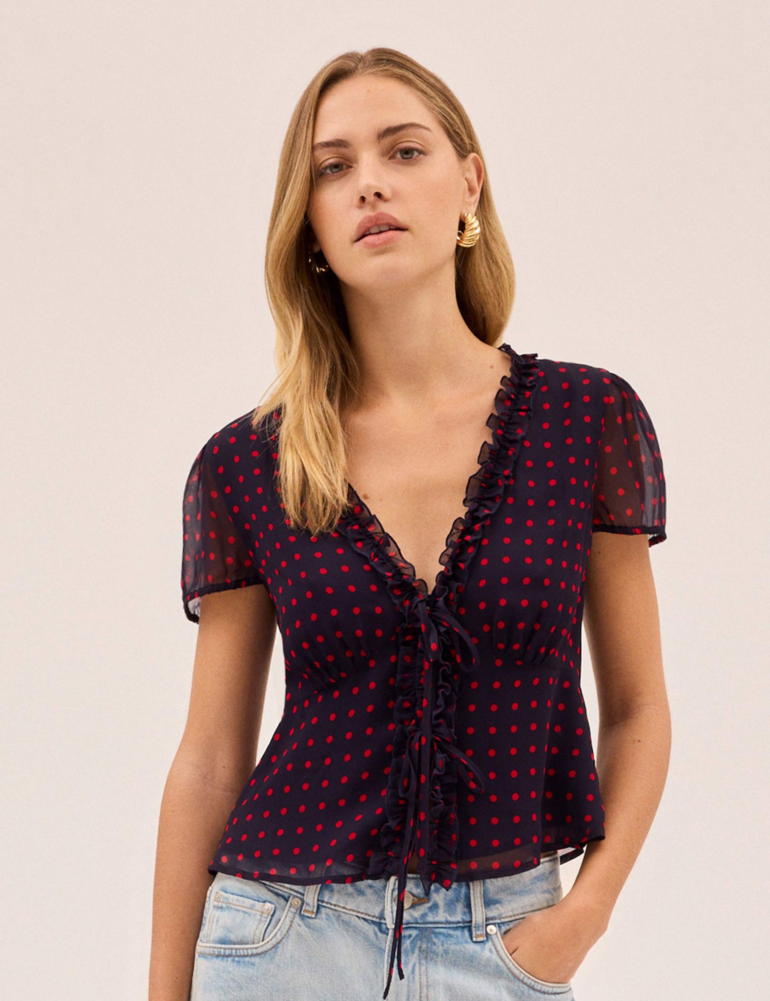 Polka Dot V-Neck Tie Detail Blouse 1 of 5