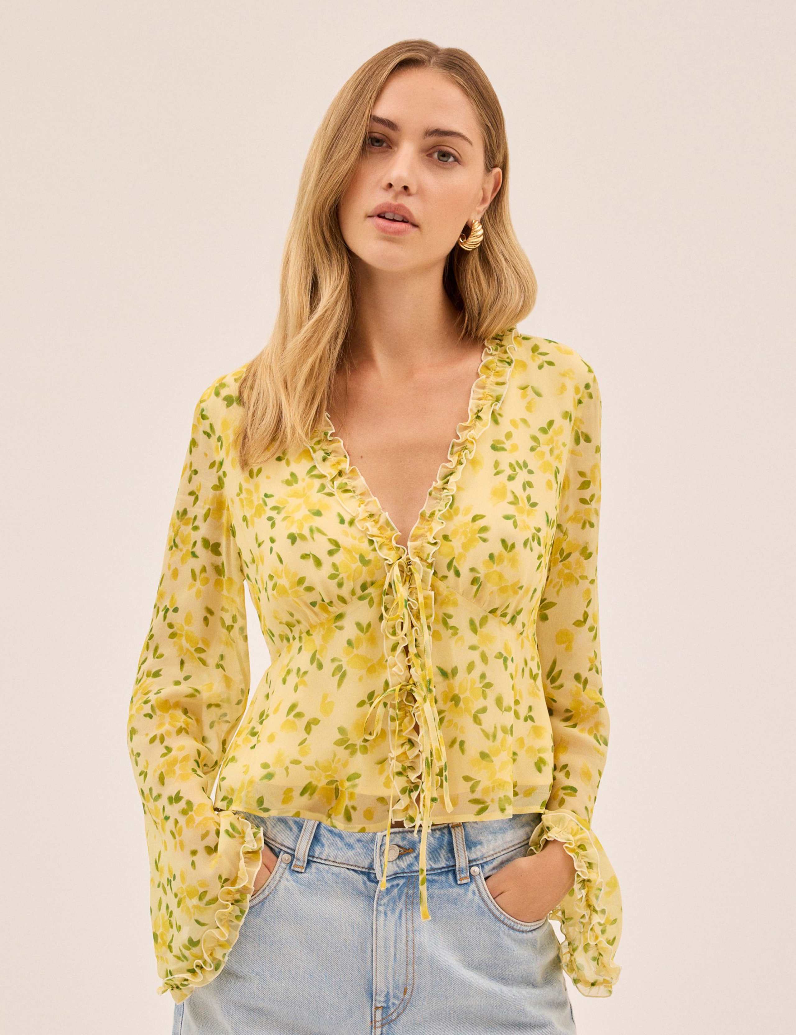 Petal Print V-Neck Flute Sleeve Top 1 of 4