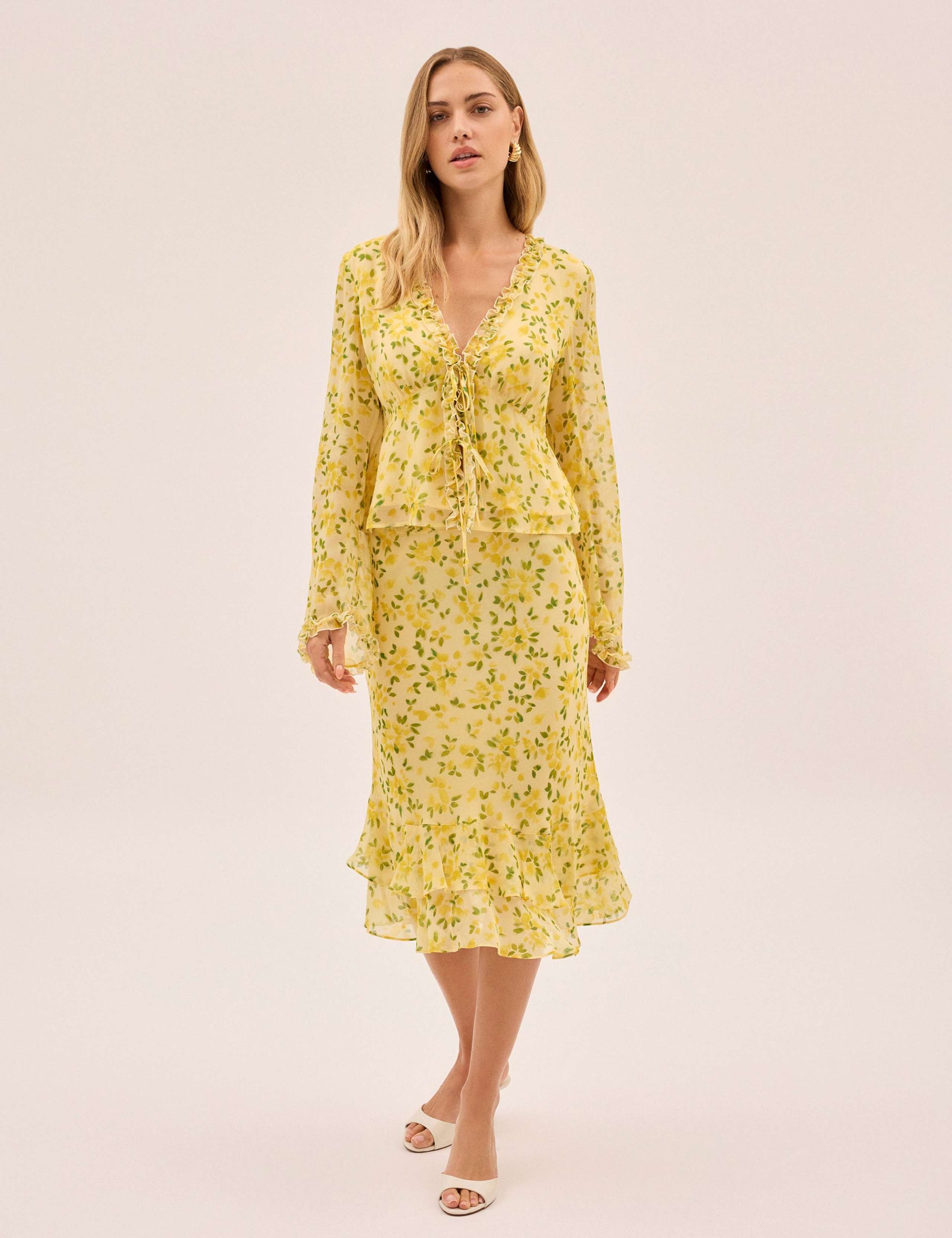 Petal Print V-Neck Flute Sleeve Top 2 of 4