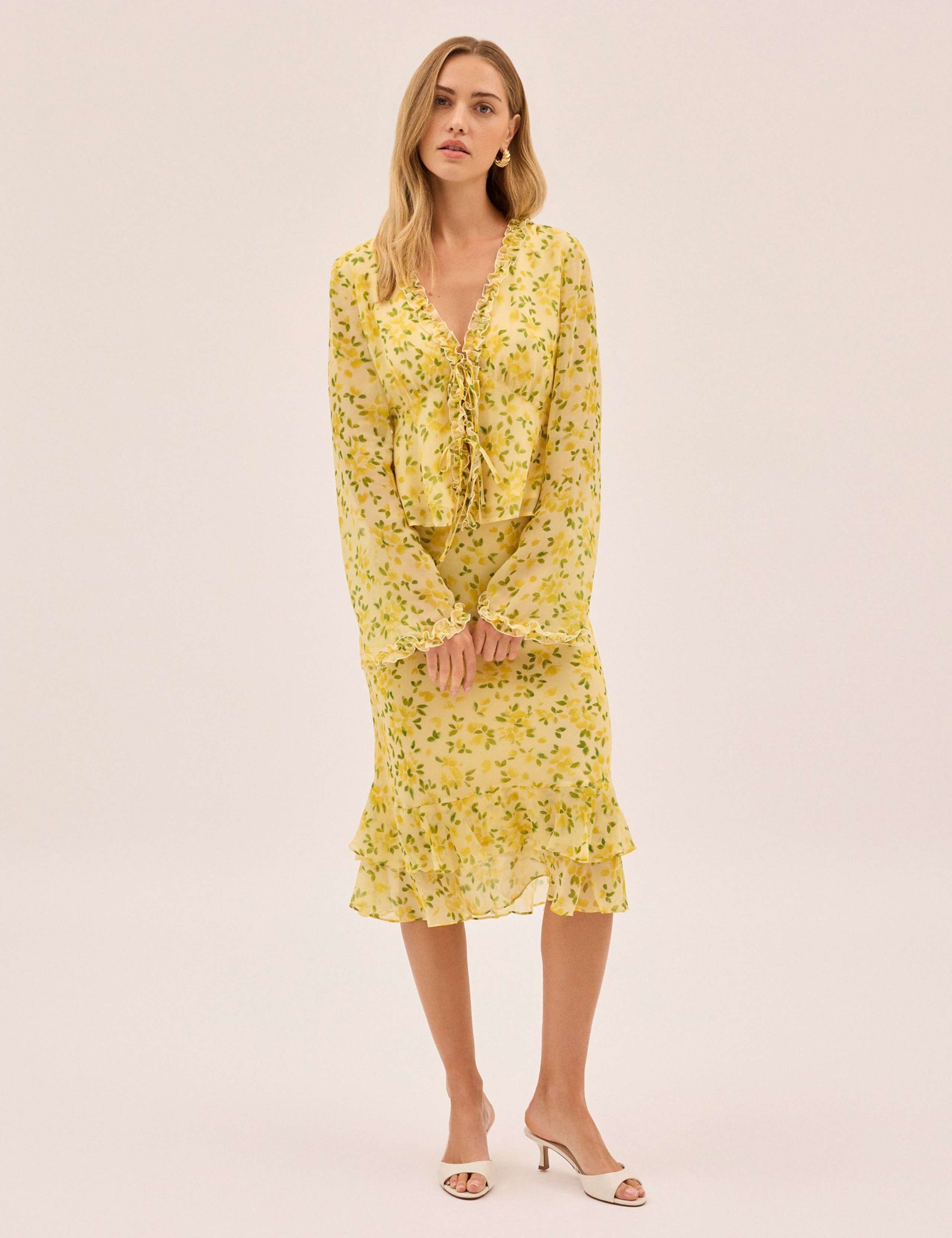 Petal Print V-Neck Flute Sleeve Top 3 of 4