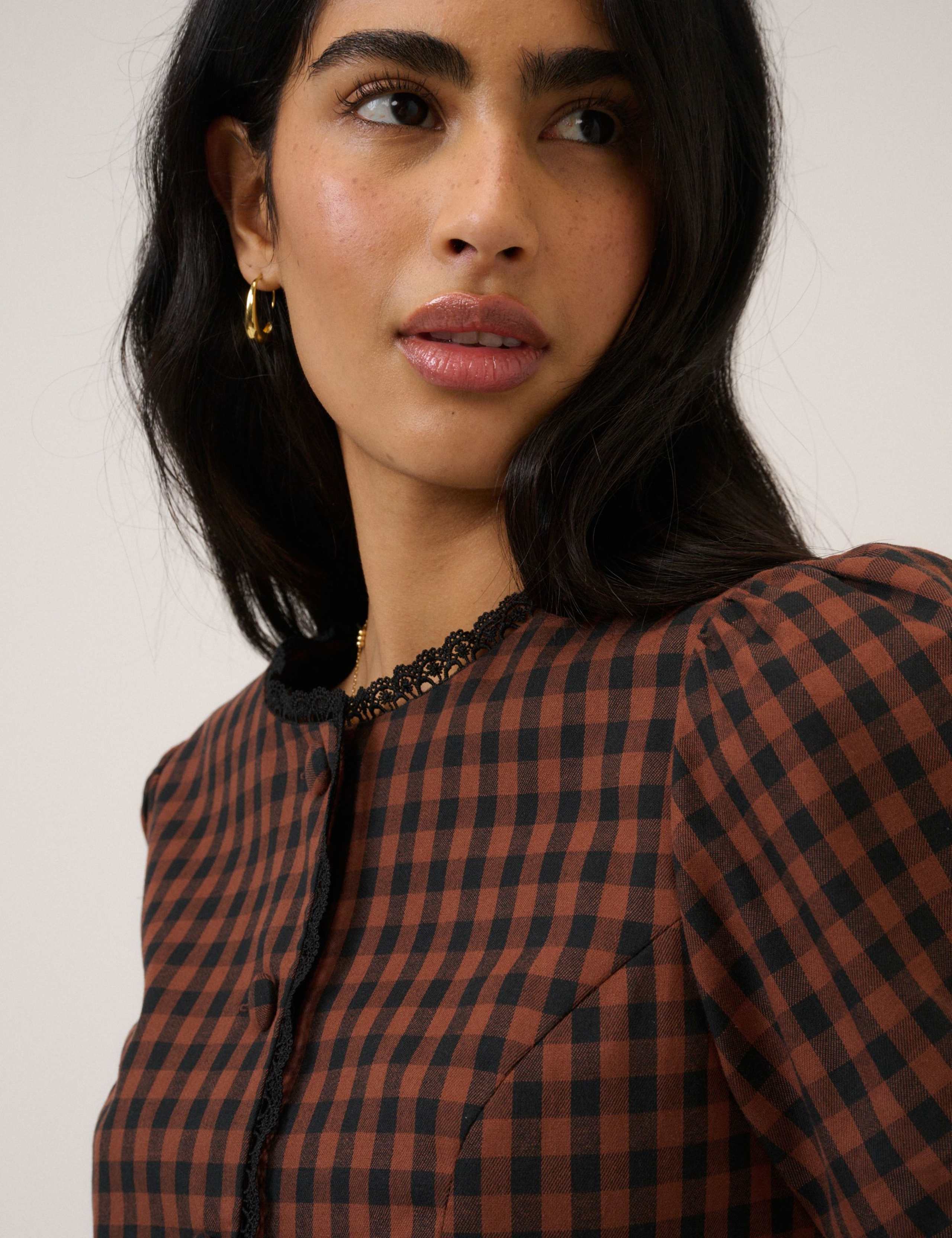 Cotton Rich Checked Puff Sleeve Top 3 of 7