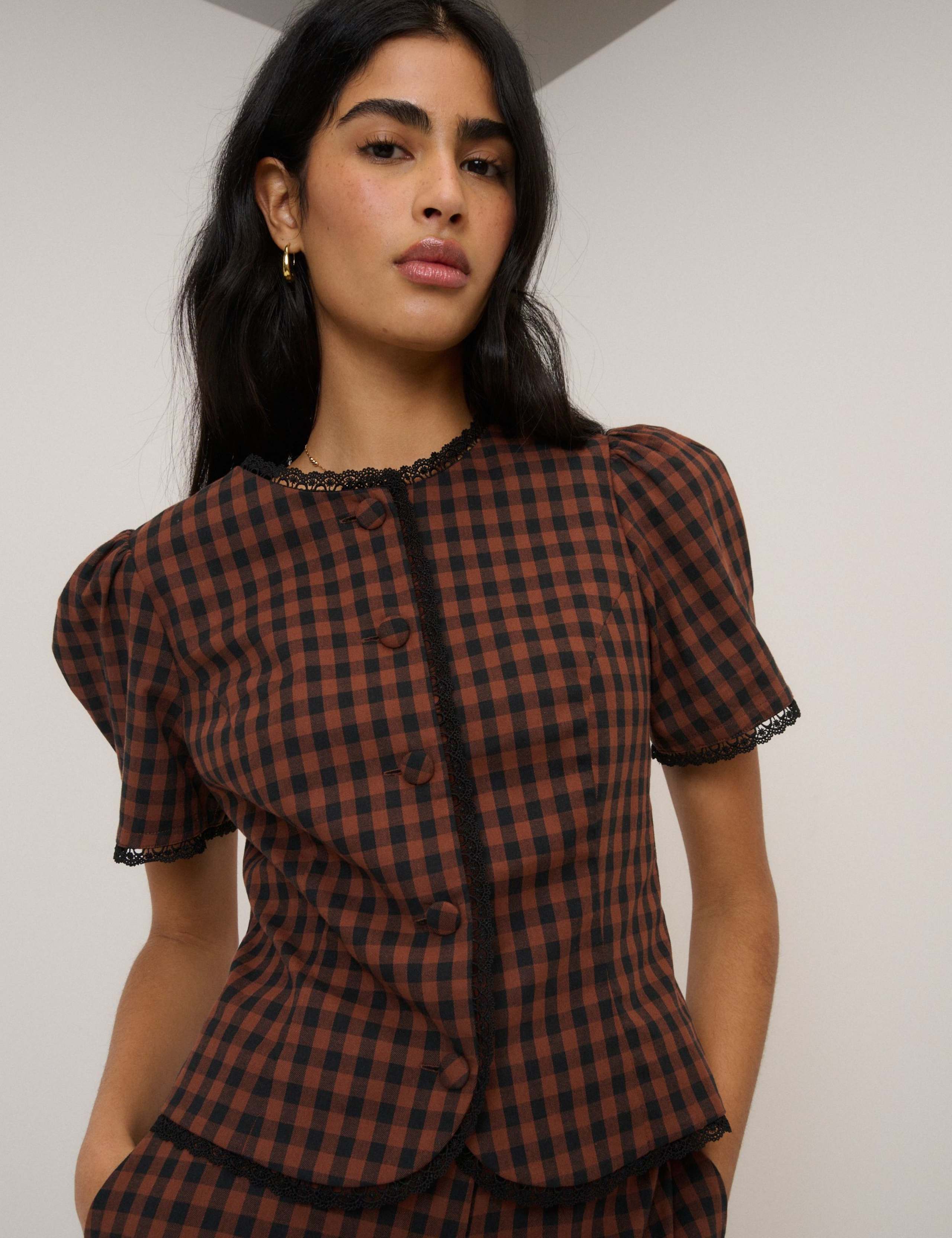Cotton Rich Checked Puff Sleeve Top 5 of 7