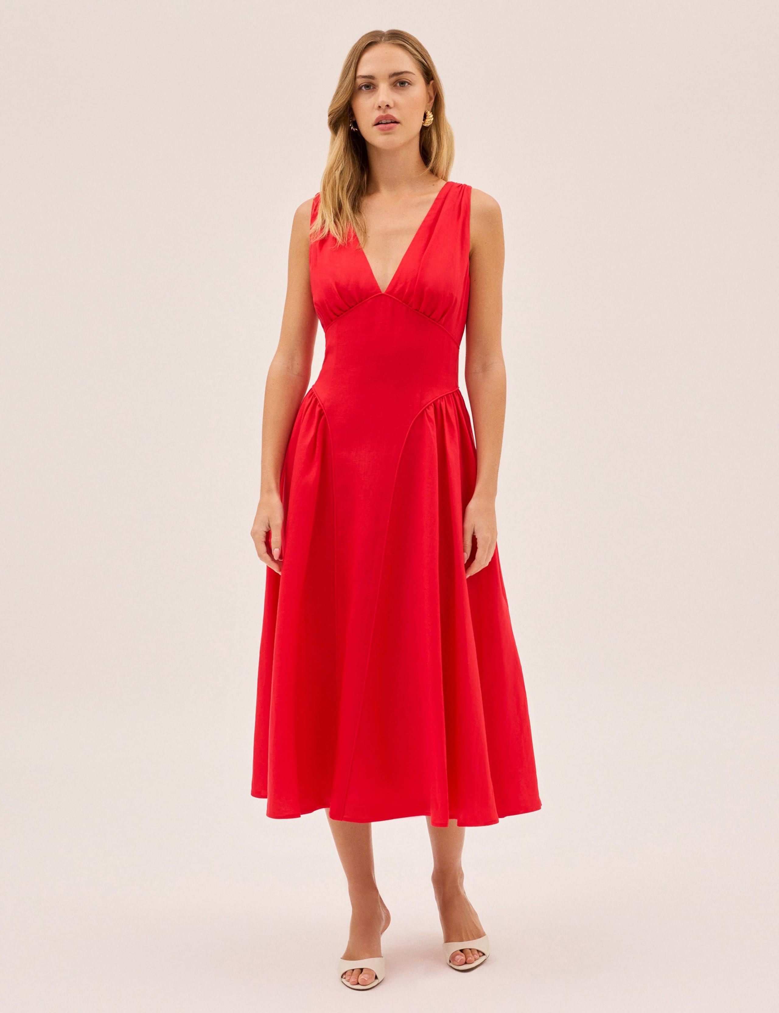 V-Neck Midi Waisted Dress with Linen 2 of 6