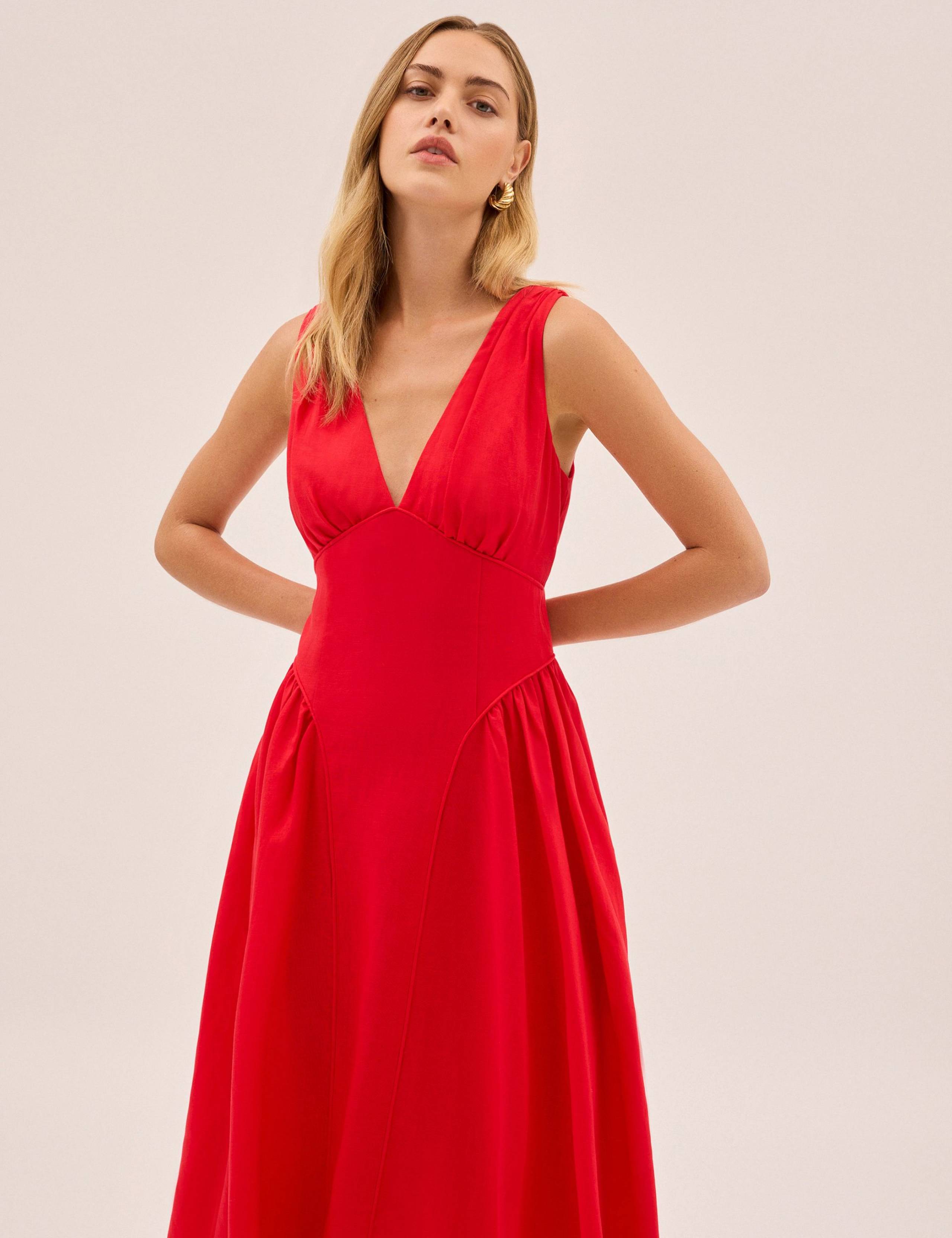 V-Neck Midi Waisted Dress with Linen 4 of 6