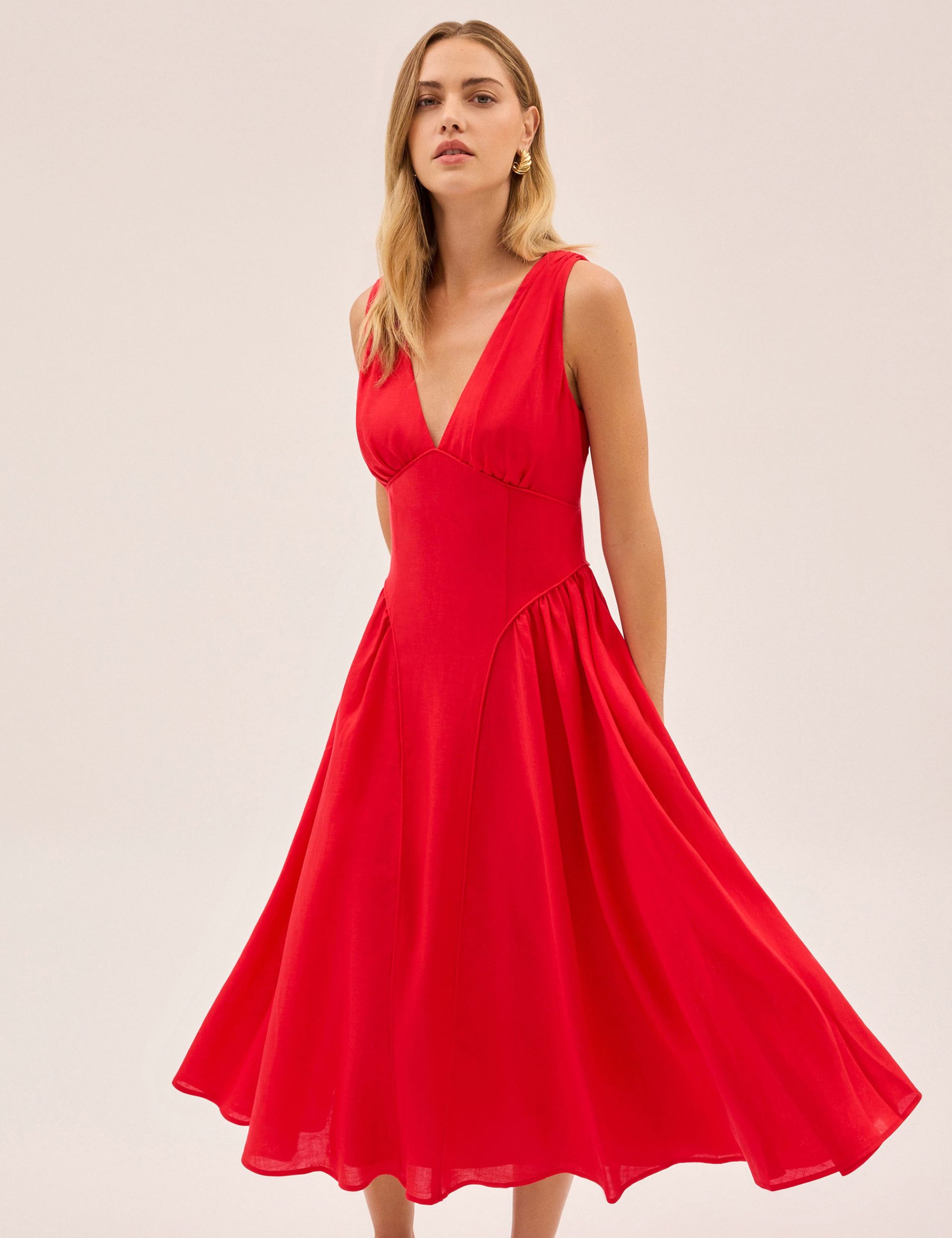 V-Neck Midi Waisted Dress with Linen 5 of 6