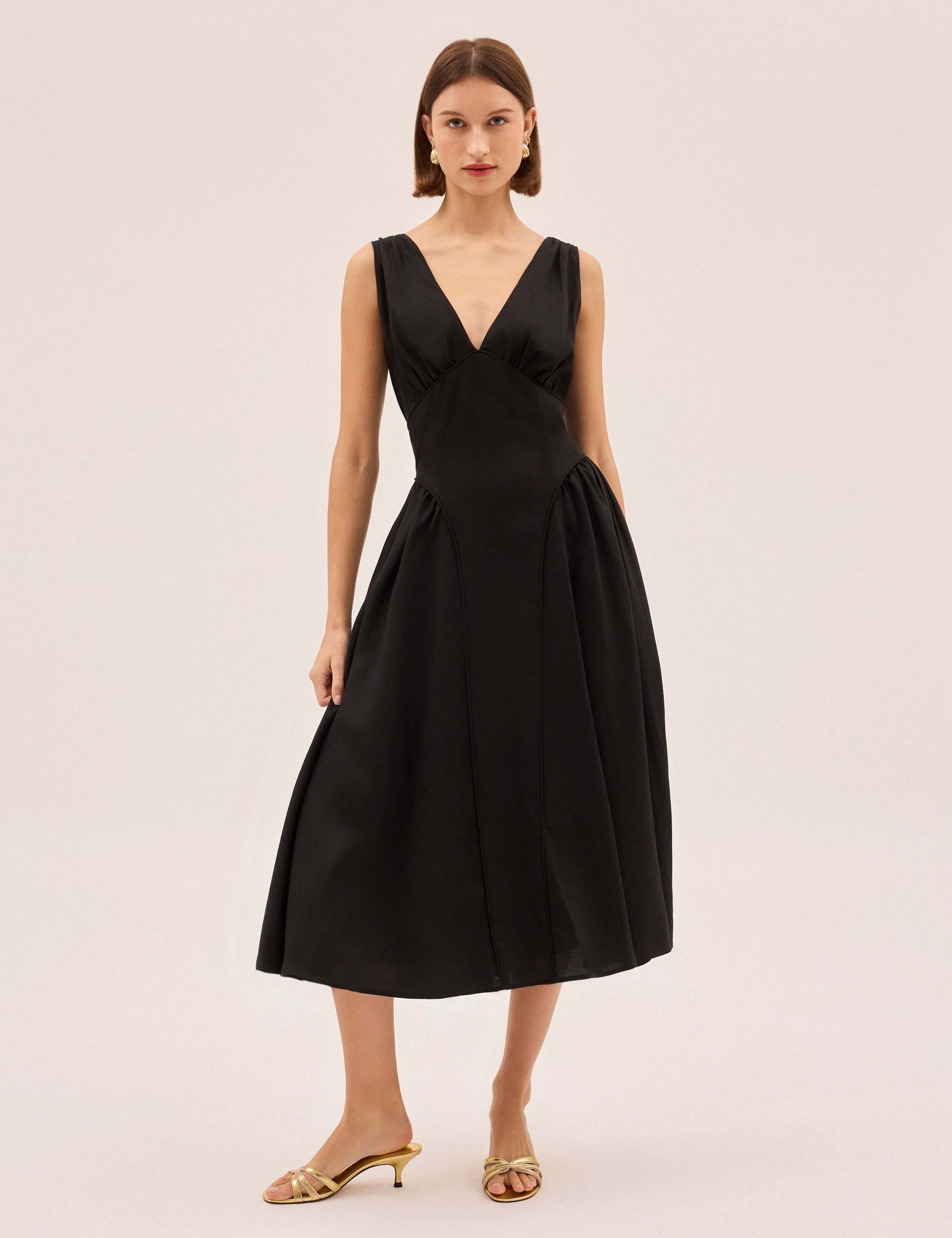 V-Neck Midi Waisted Dress with Linen 2 of 6