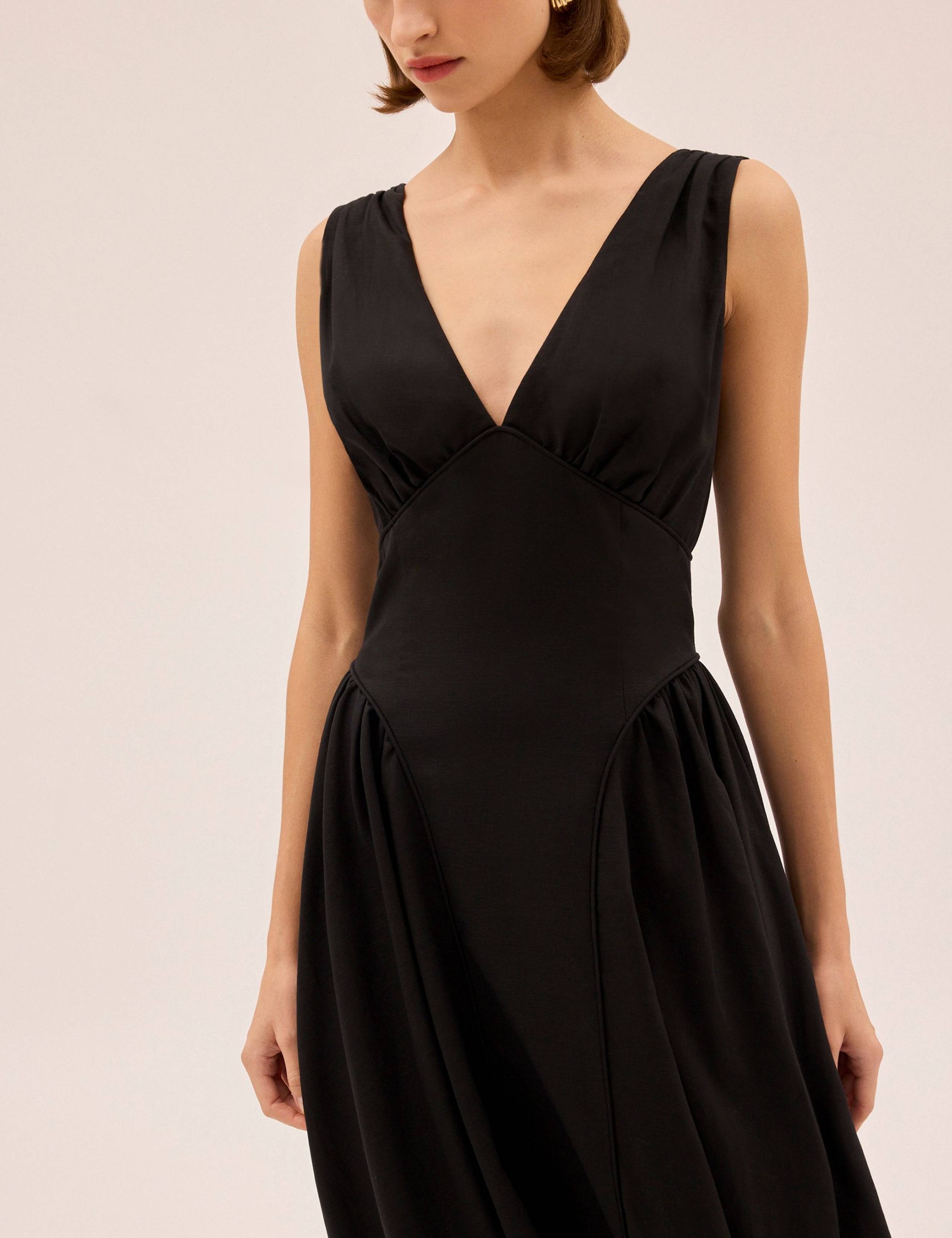 V-Neck Midi Waisted Dress with Linen 4 of 6