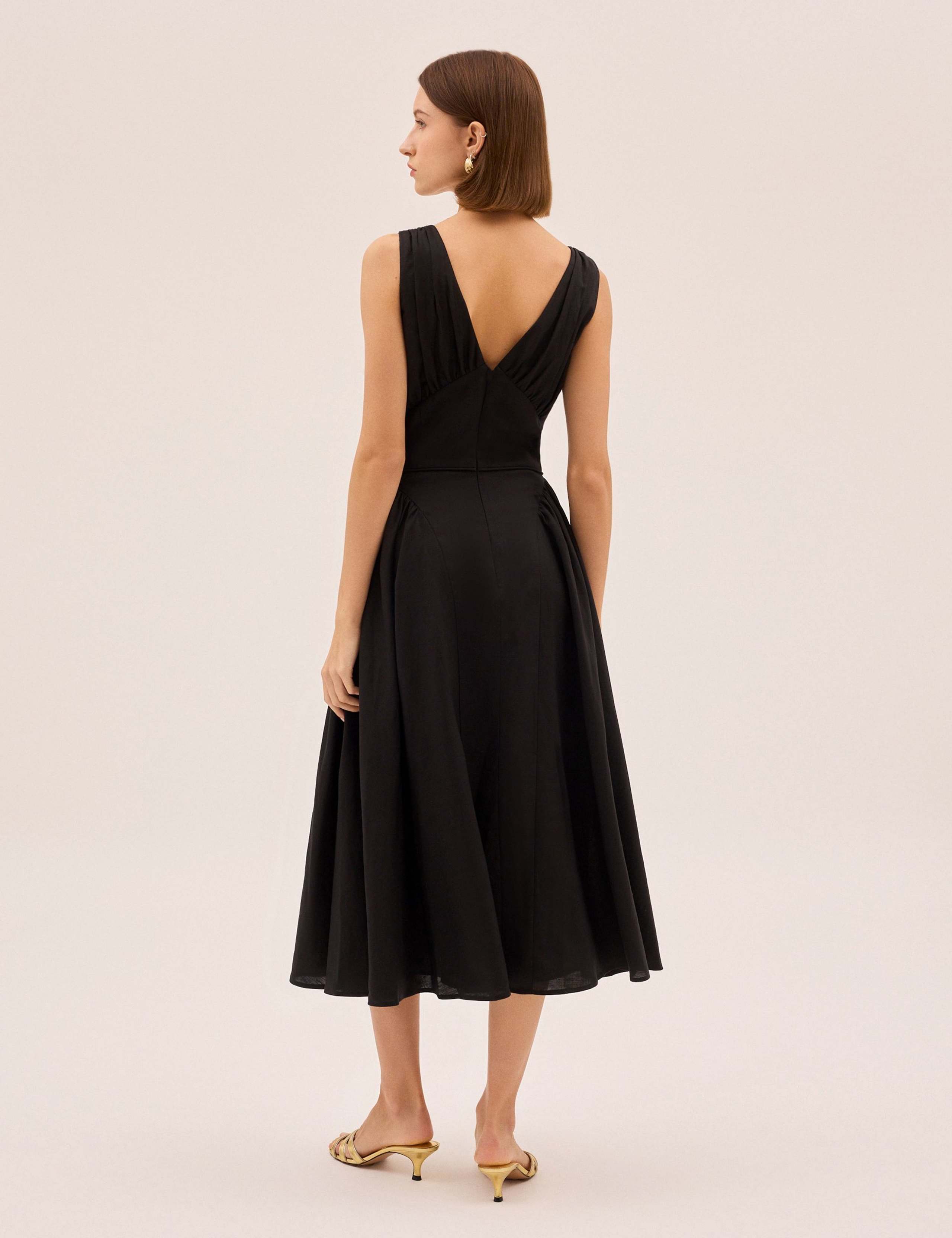 V-Neck Midi Waisted Dress with Linen 6 of 6