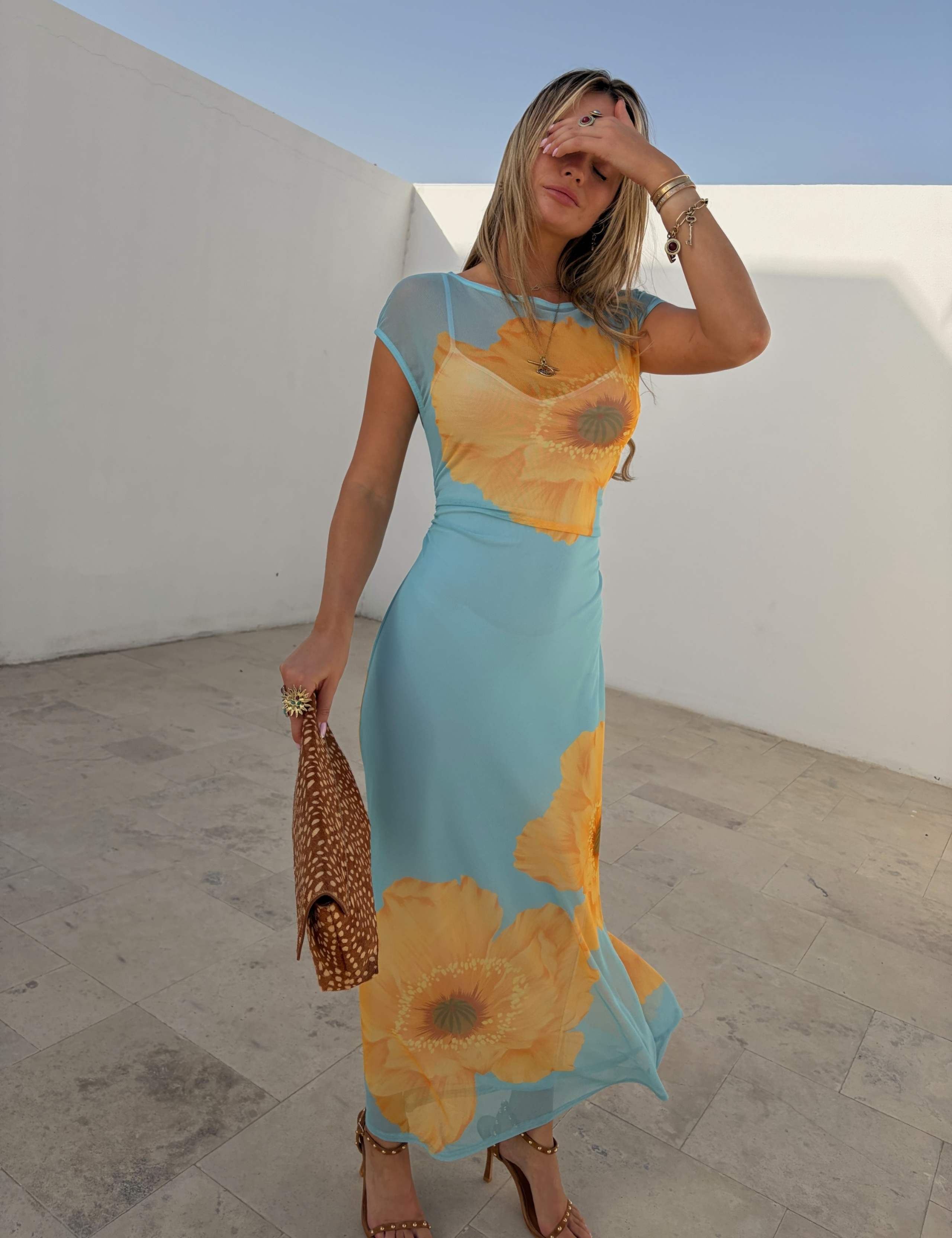 Mesh Poppy Print Midaxi Bodycon Dress 2 of 4