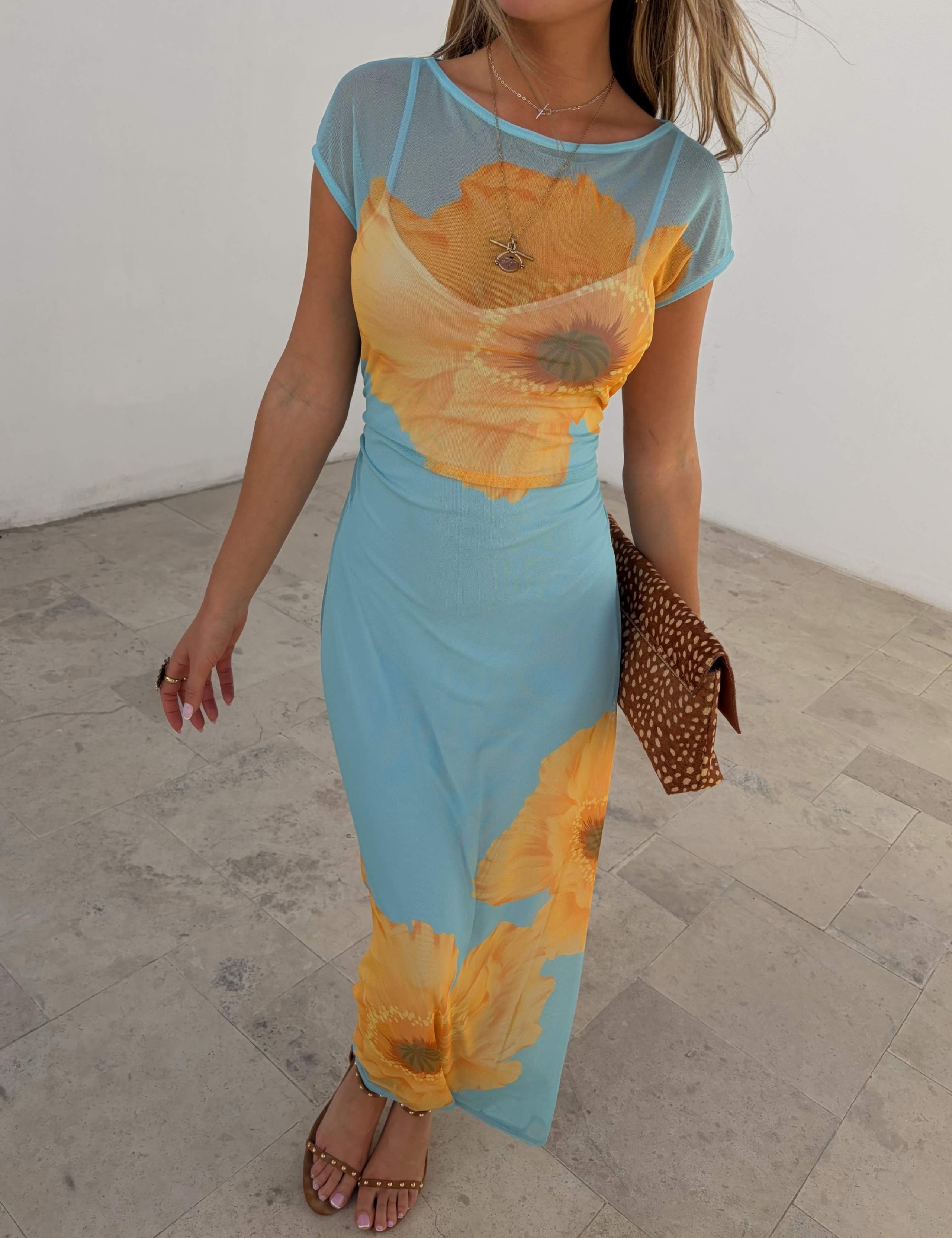 Mesh Poppy Print Midaxi Bodycon Dress 4 of 4