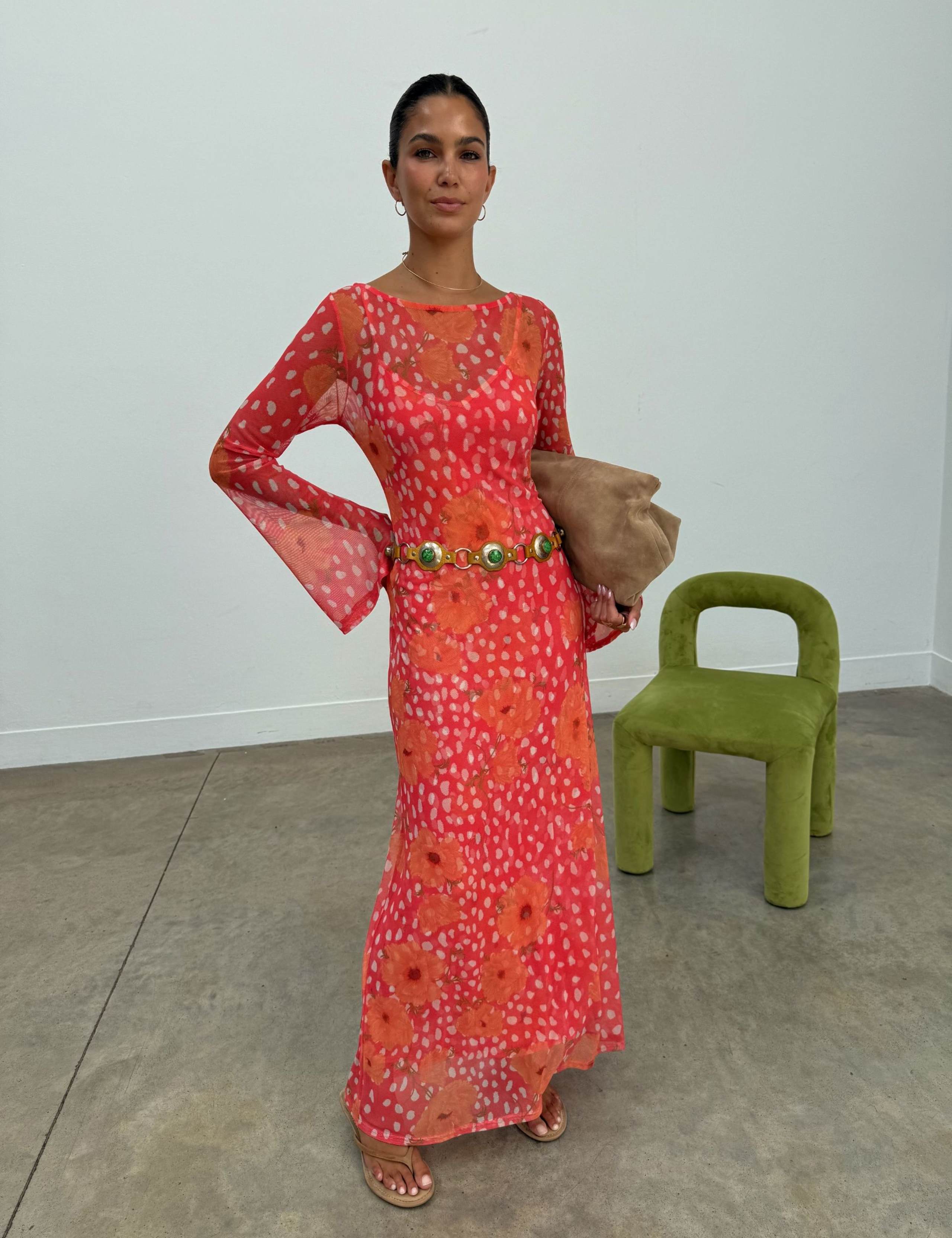 Sheer Poppy Print Maxi Column Dress 1 of 4