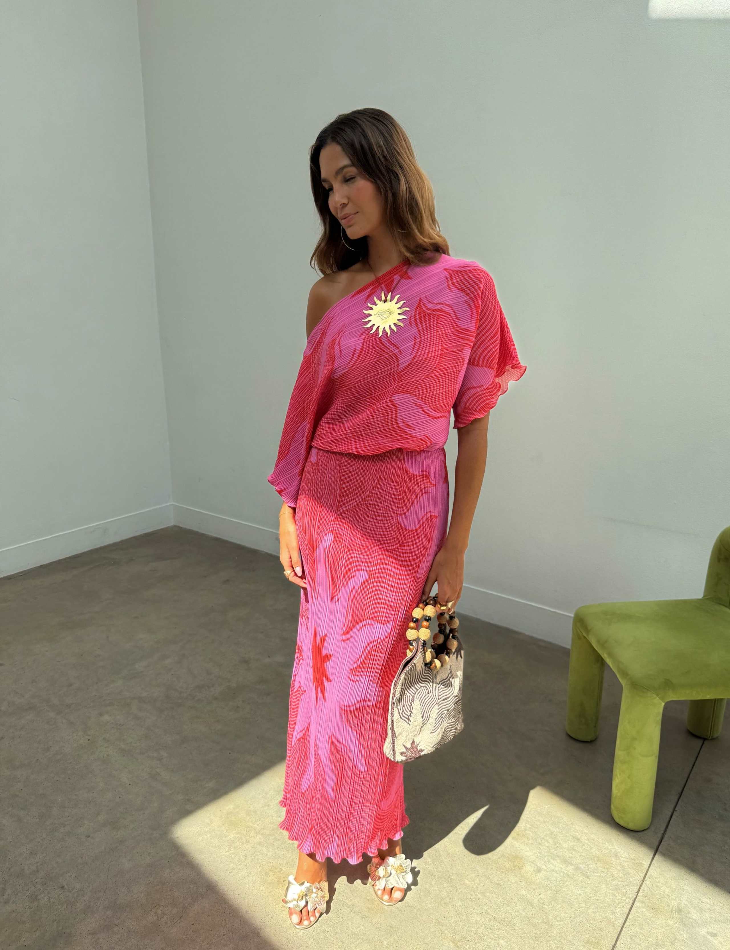 Plisse Printed One Shoulder Midaxi Dress 1 of 5