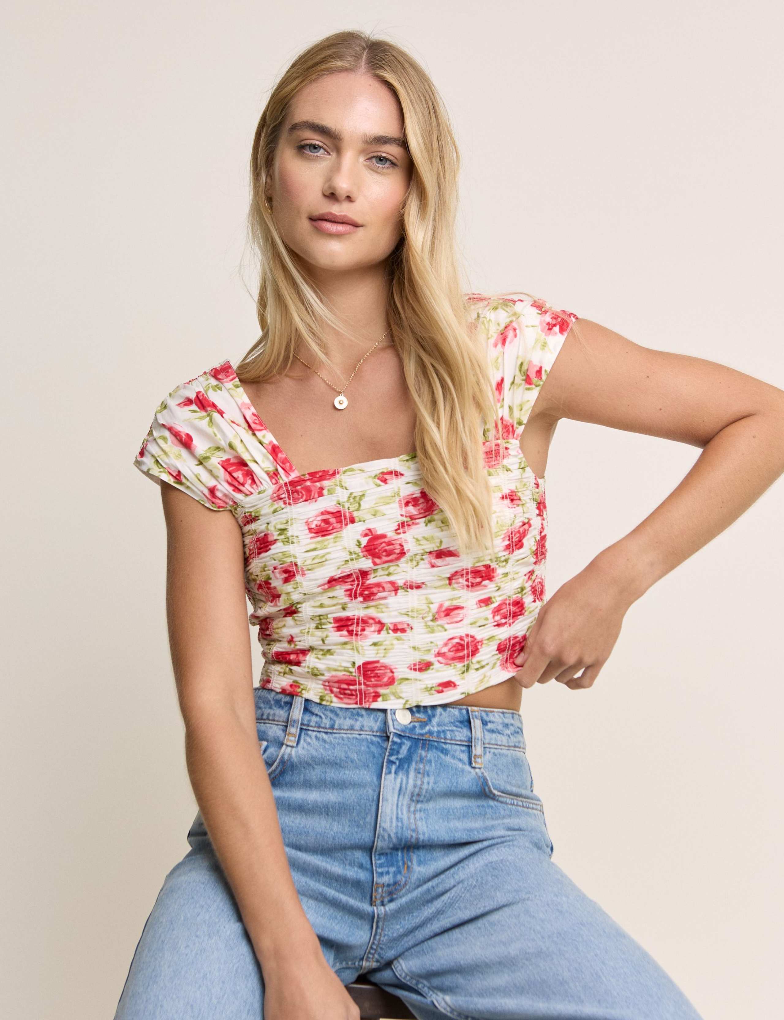 Pure Cotton Floral Square Neck Crop Top 3 of 5