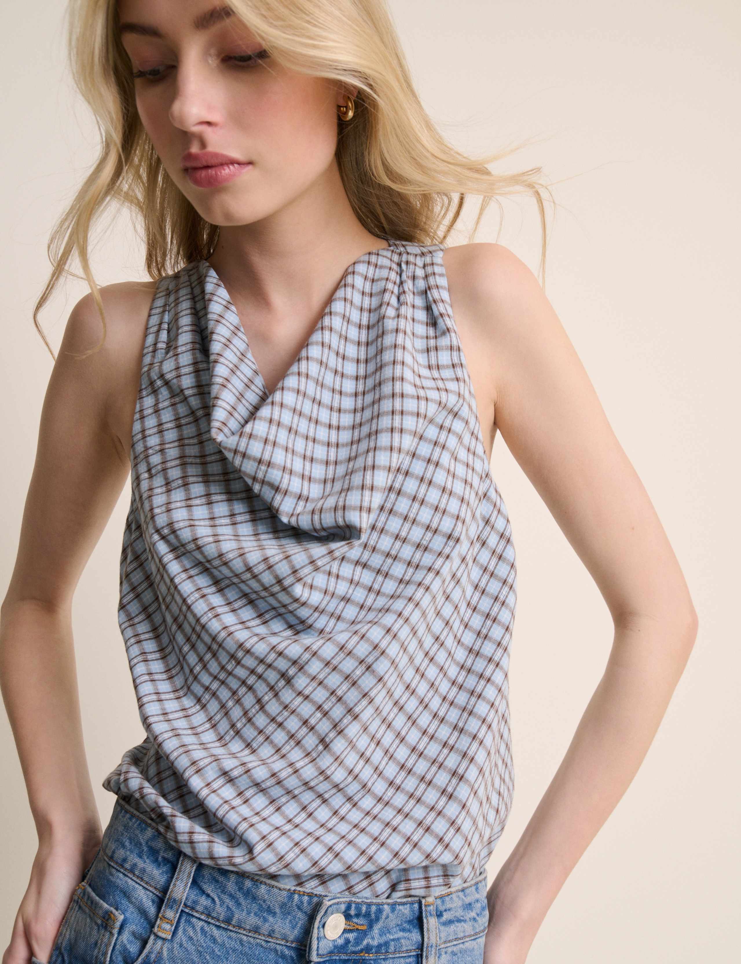 Pure Cotton Checked Cowl Neck Blouse 4 of 5