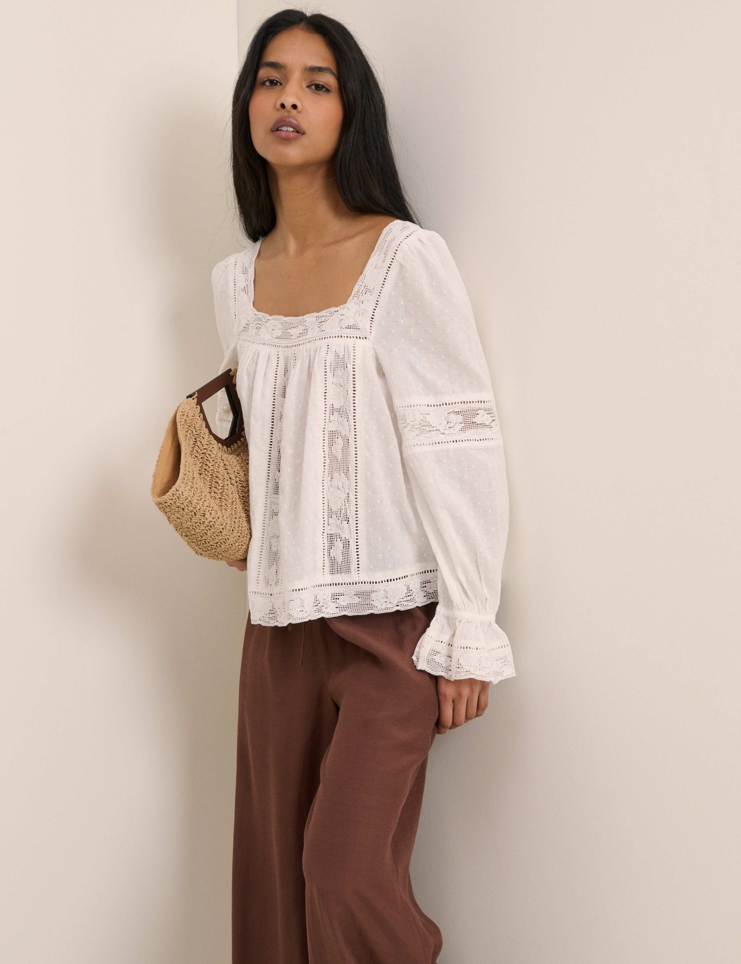 Pure Cotton Square Neck Lace Insert Blouse 2 of 5