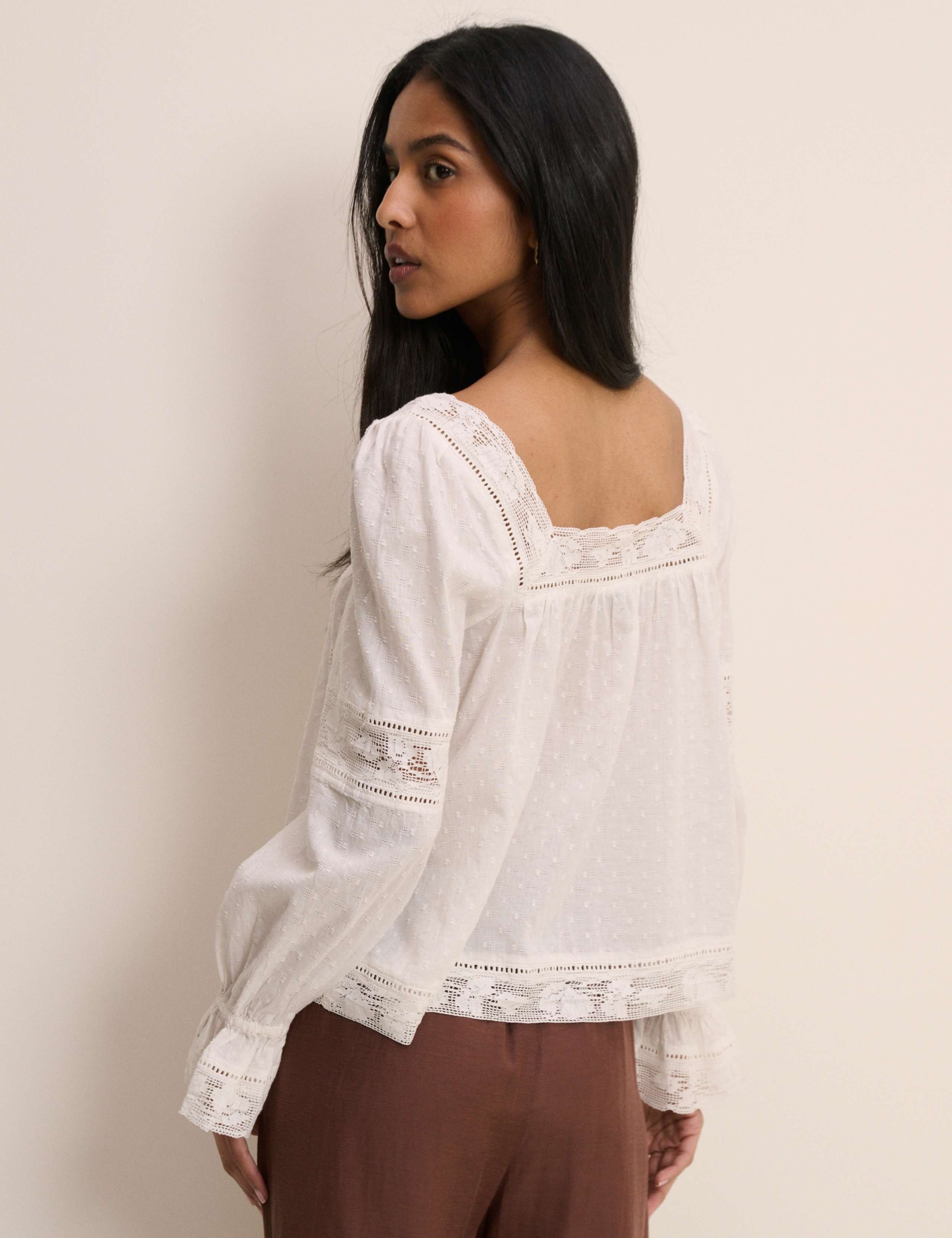 Pure Cotton Square Neck Lace Insert Blouse 3 of 5