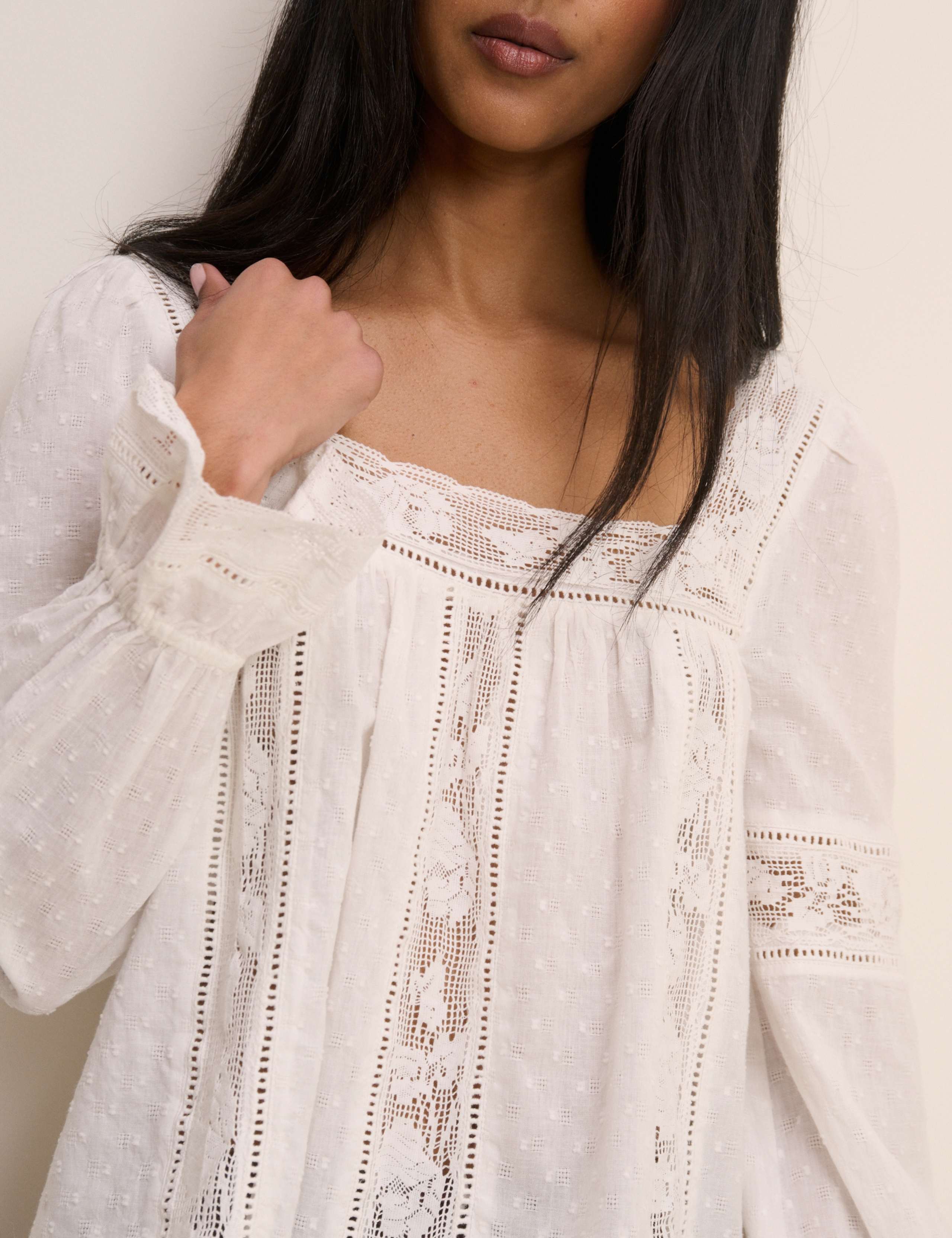 Pure Cotton Square Neck Lace Insert Blouse 4 of 5